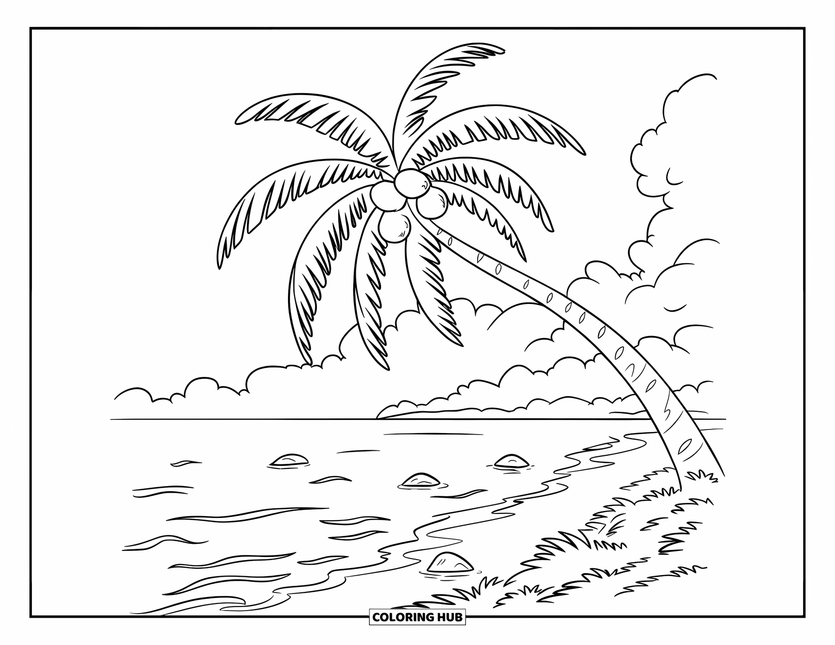 Coconut Coloring Page for Kids: Coconut tree bends over rocky sea with waves and clouds in a scene