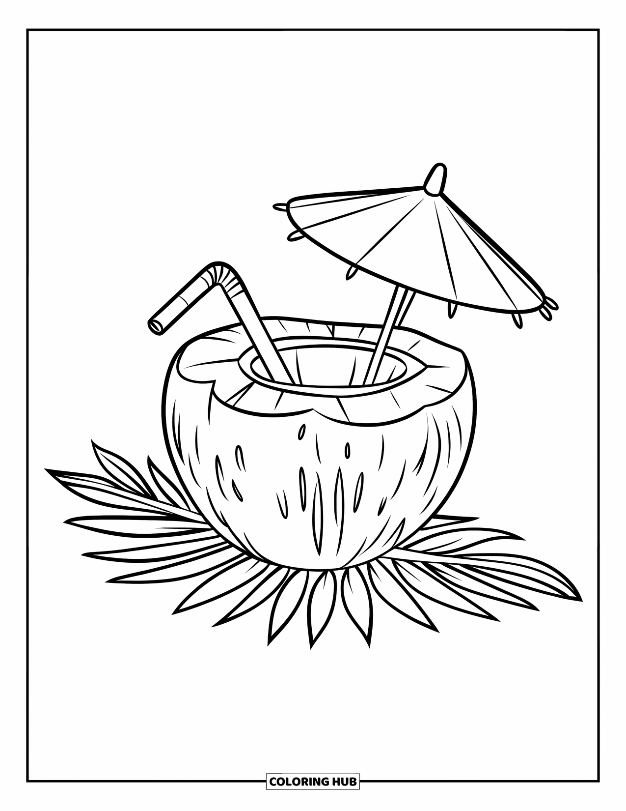 Coconut Coloring Page for Kids: Coconut with a tiny straw and umbrella resting on a palm leaf