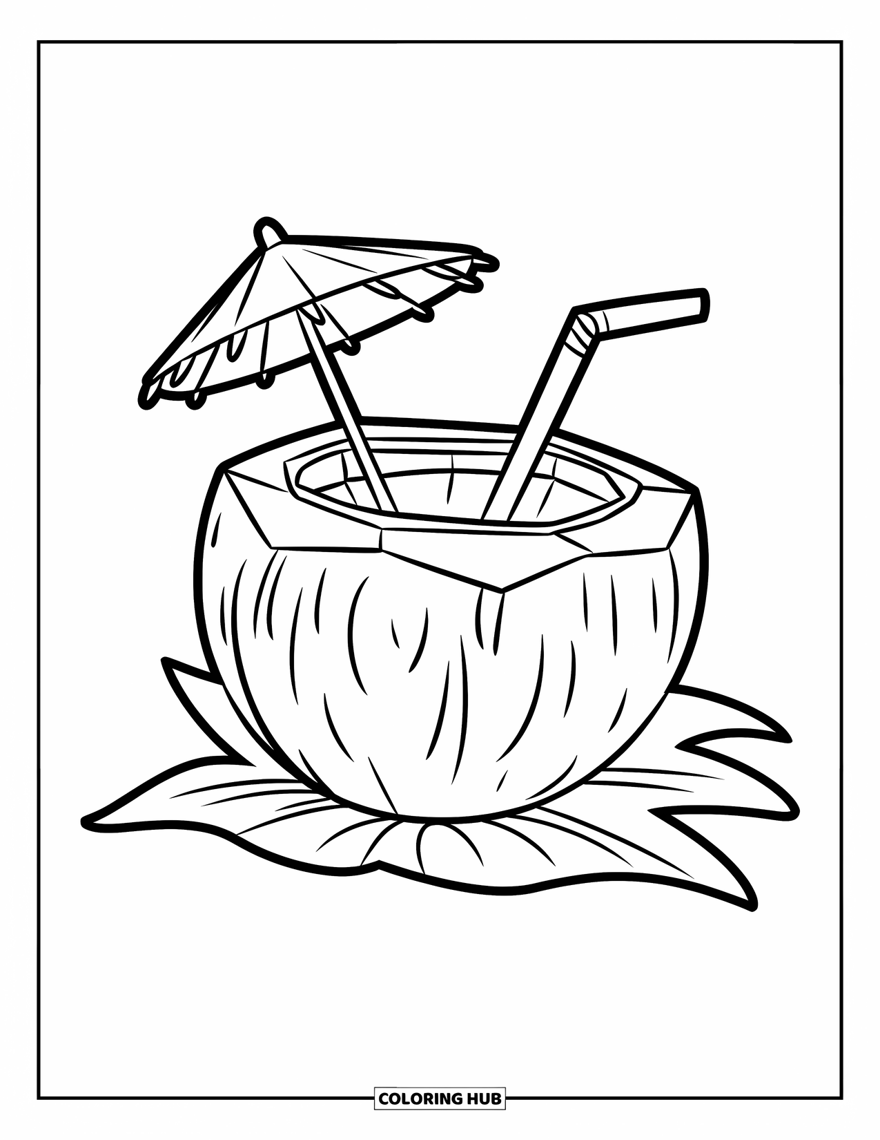 Coconut Coloring Page for Kids: Coconut with straw and umbrella sitting on a simple leaf