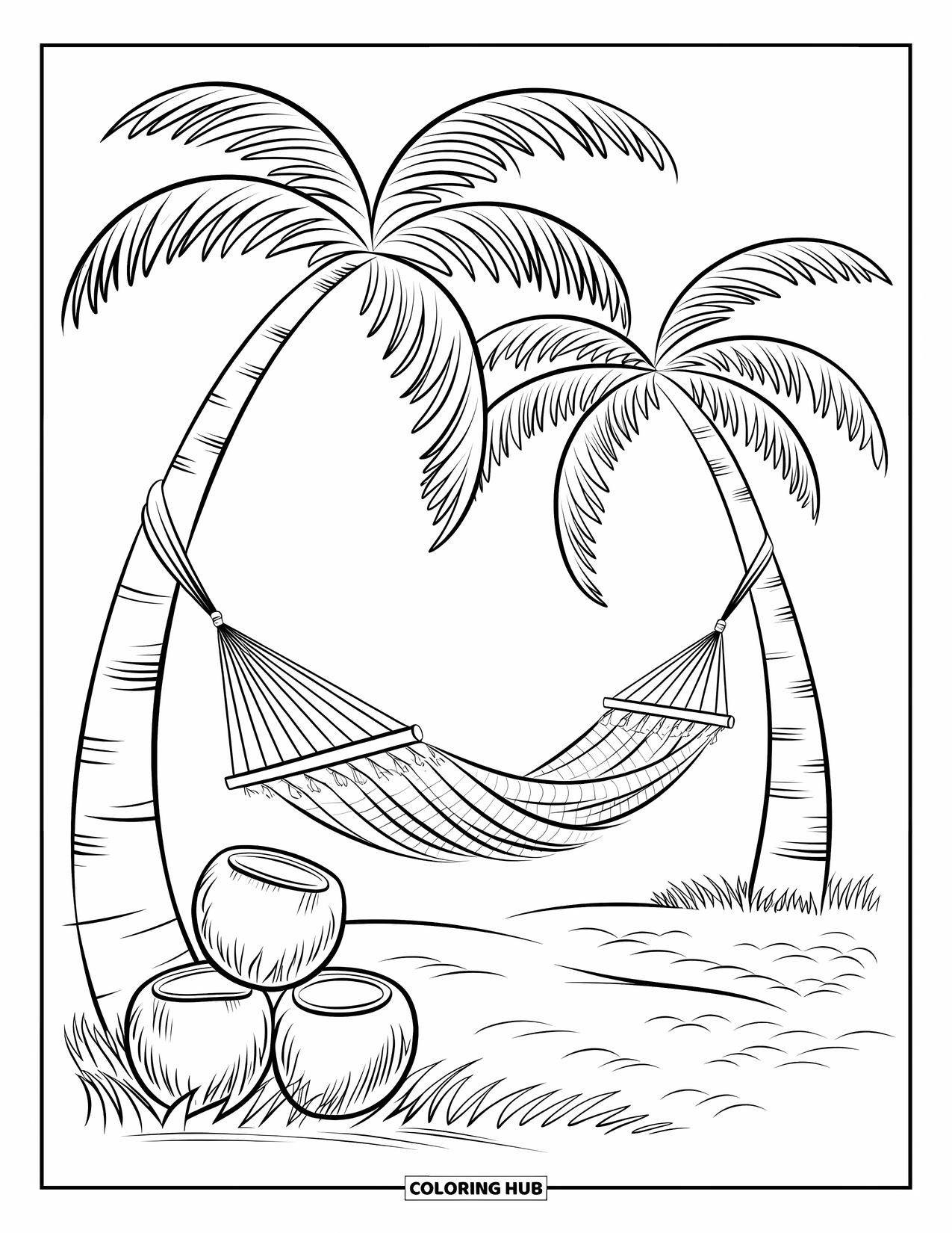 Coconut Coloring Page for Kids: Coconuts and hammock between tall trees on a calm, sandy beach