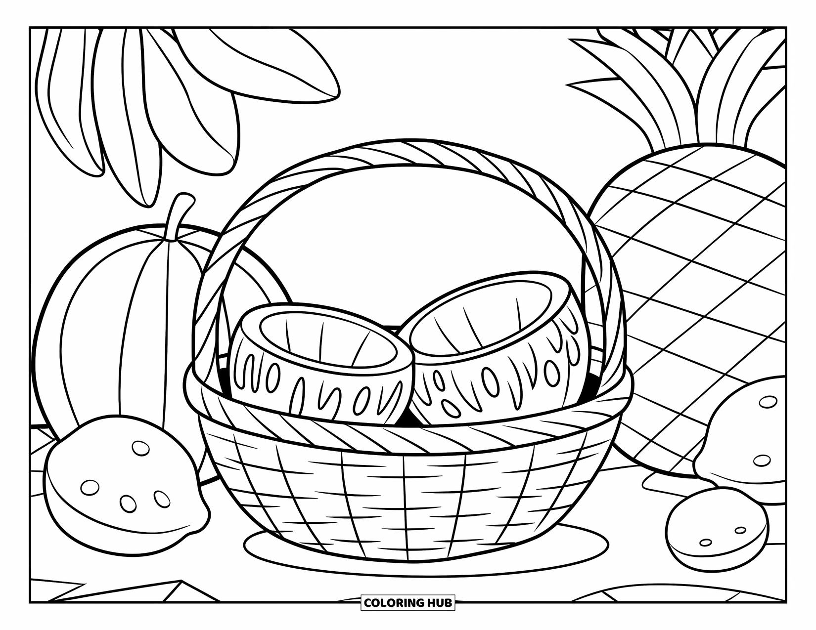 Coconut Coloring Page for Kids: Coconuts in a basket with giant fruits around on a white background
