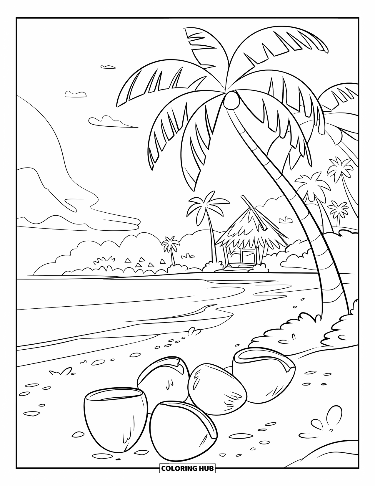 Coconut Coloring Page for Kids: Coconuts on sandy beach with a thatched hut and mountains in the distance