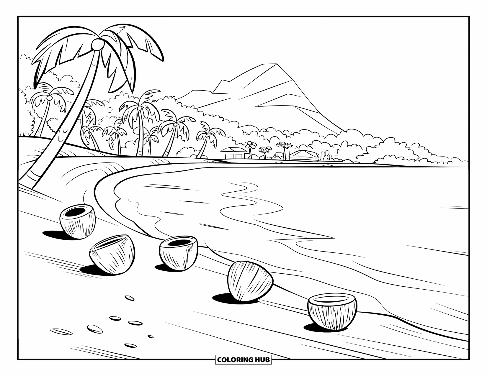 Coconut Coloring Page for Kids: Coconuts roll down a beach hill near palm trees and a mountain in the background