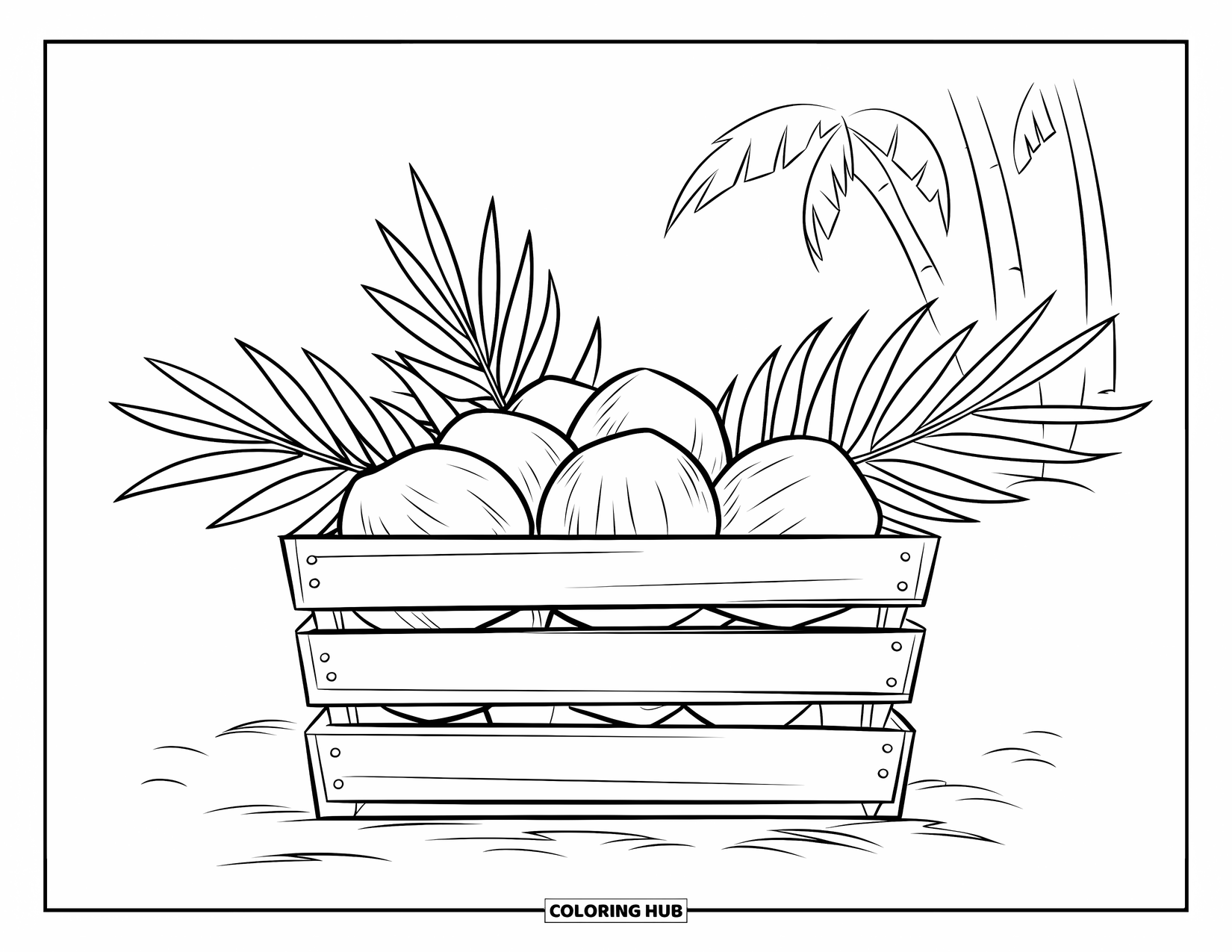 Coconut Coloring Page for Kids: Crate filled with coconuts and fronds placed on sand near palm trees