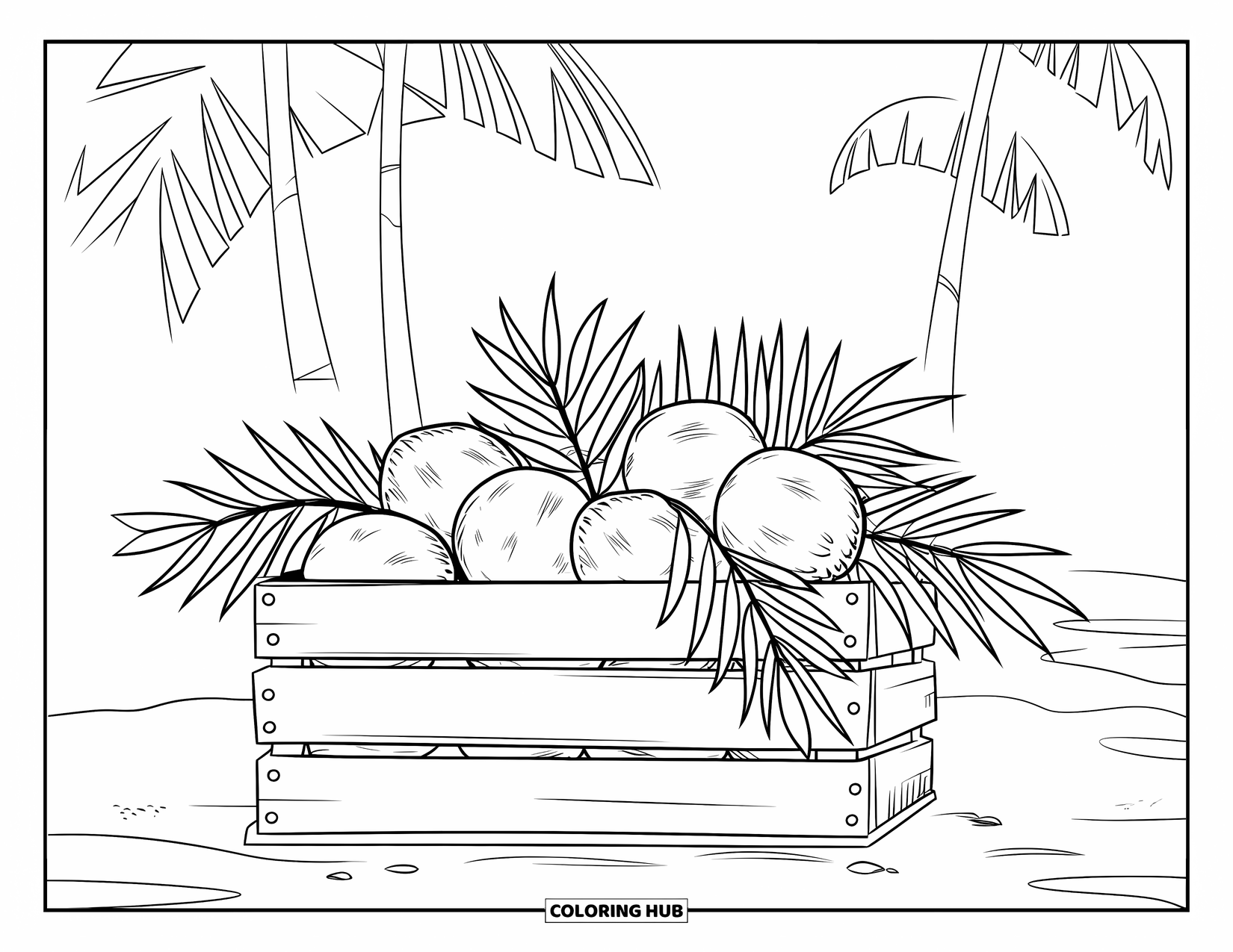 Coconut Coloring Page for Kids: Crate of coconuts sits on sandy ground with palm trees in the background