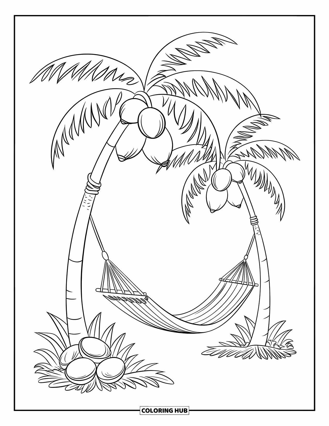 Coconut Coloring Page for Kids: Hammock sways near stacked coconuts and leafy trees on a breeze-filled beach