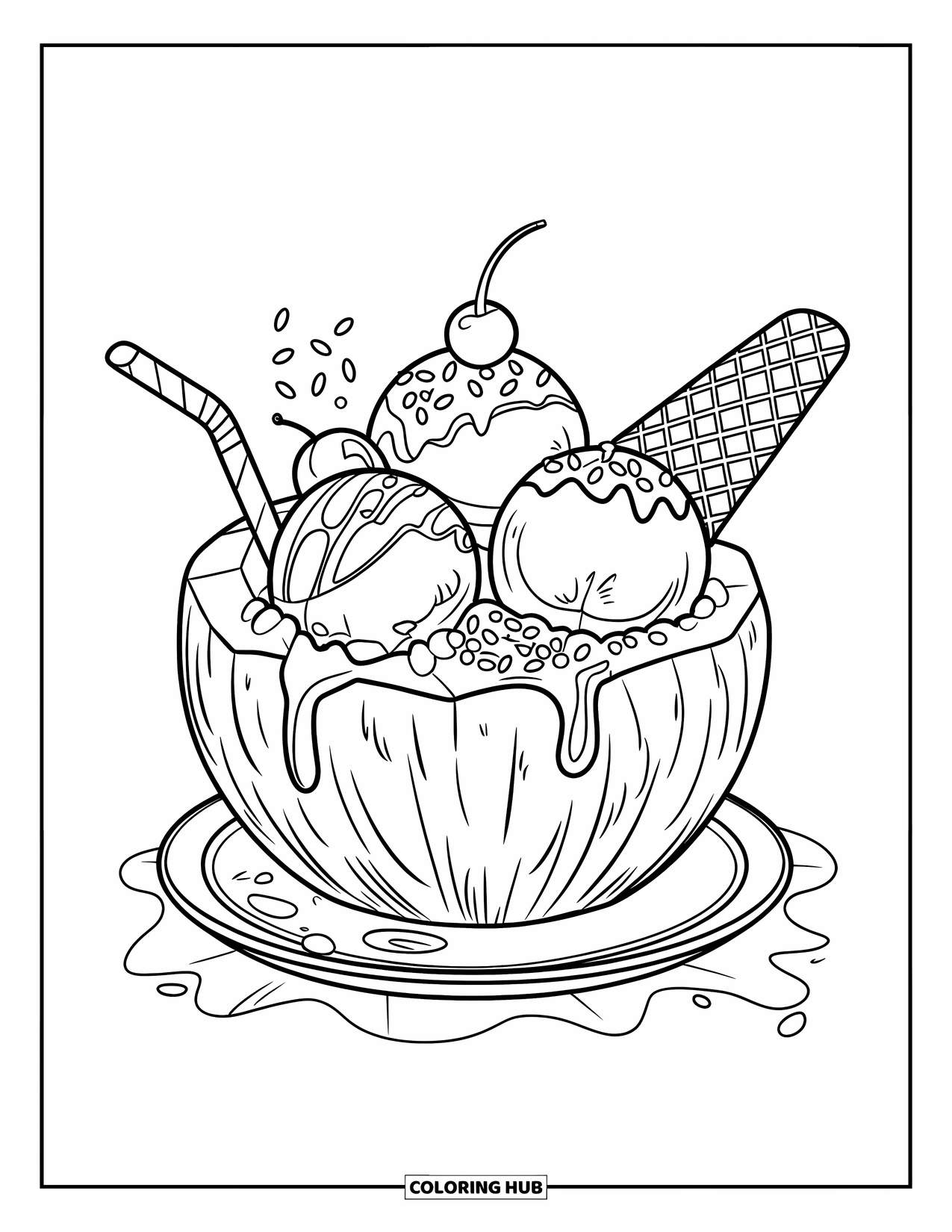 Coconut Coloring Page for Kids: Ice cream-filled coconut with multiple flavors and a straw sits on a plate