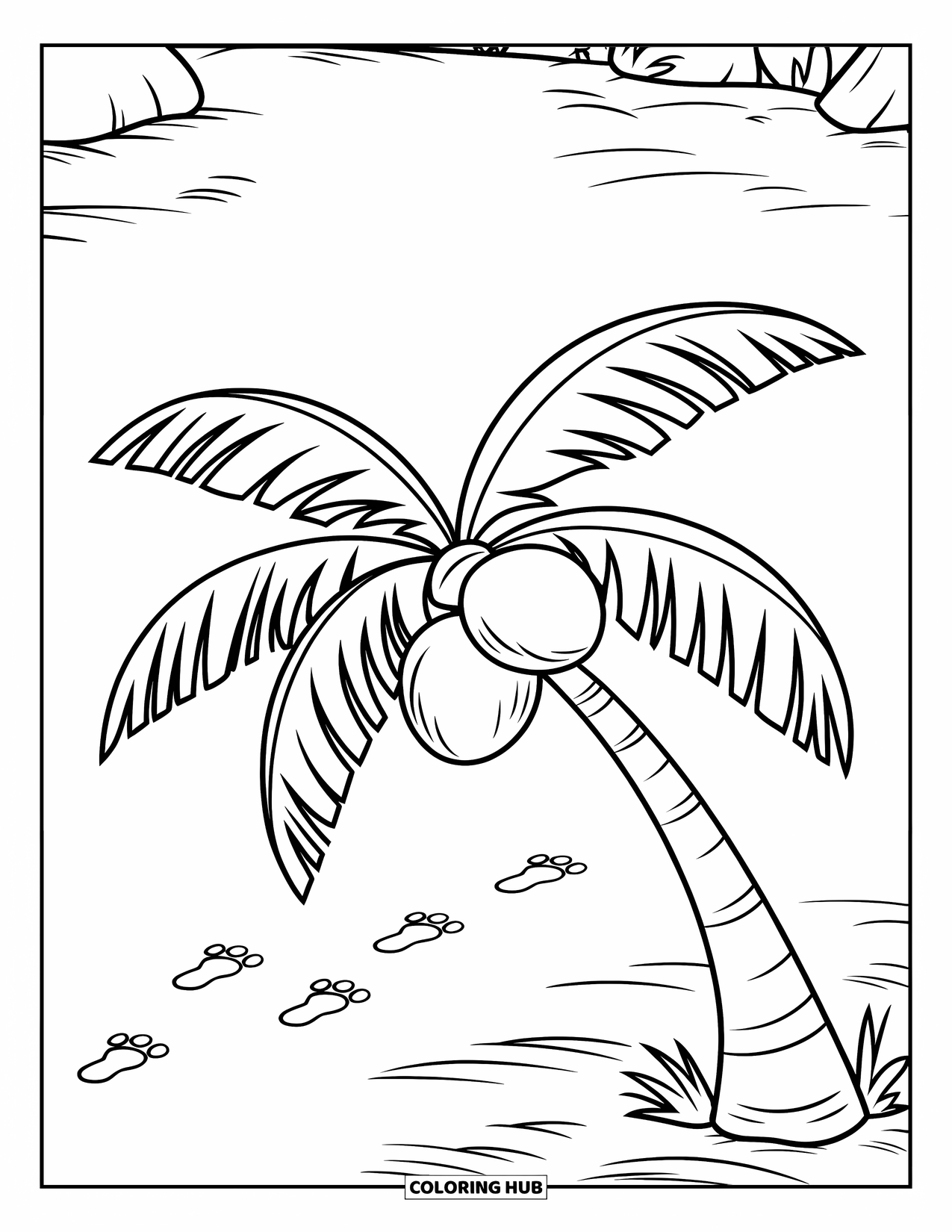 Coconut Coloring Page for Kids: Palm tree with three coconuts, sandy ground, rocks, and footprints nearby
