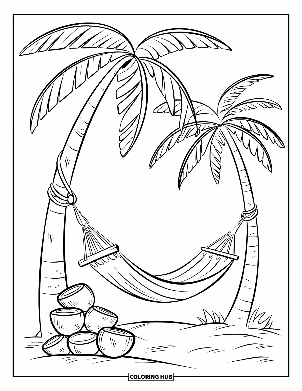 Coconut Coloring Page for Kids: Stack of coconuts near a hammock tied between two coconut trees on sandy ground