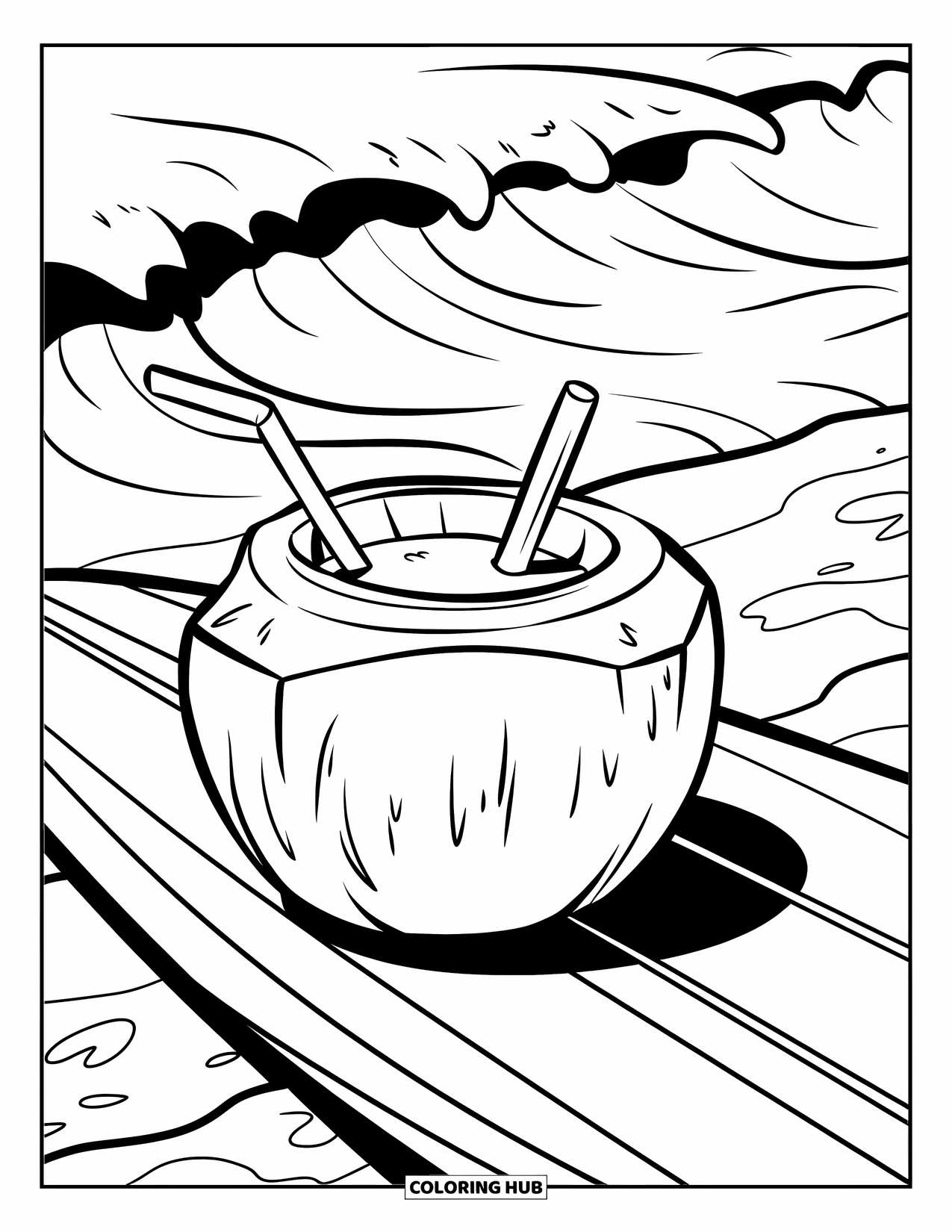Coconut Coloring Page for Kids: Surfboard with coconut drink and waves behind in a clean, outlined design