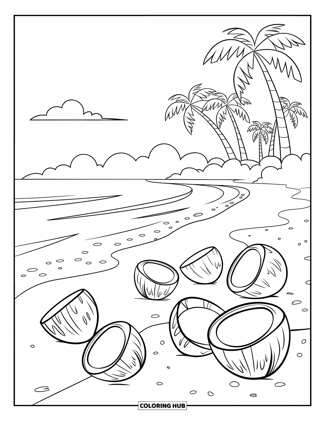 Coconut Coloring Page for Kids: Tropical beach with coconuts, soft waves, and a few palm trees under the sun