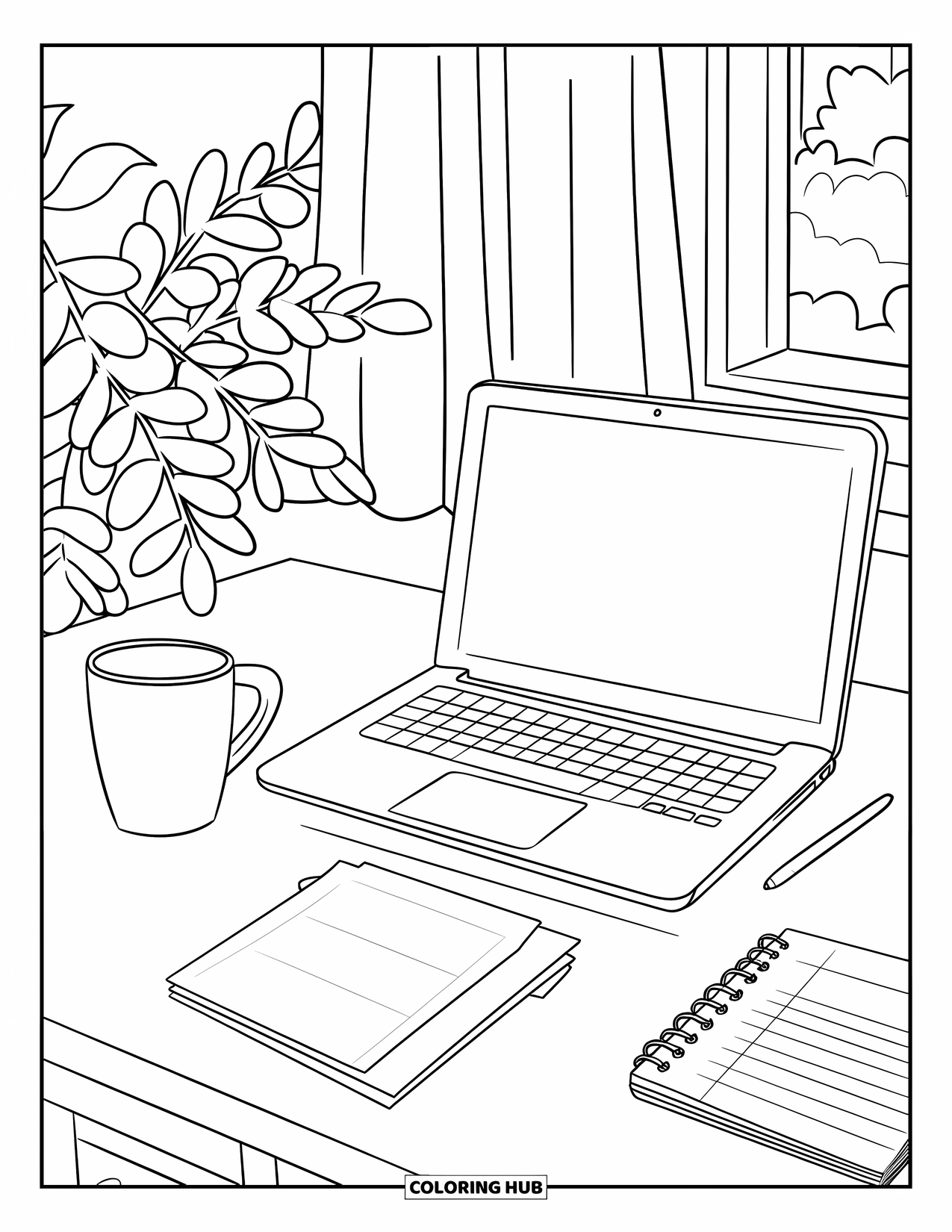 Computer Coloring Page for Adults: A bright desk setup with laptop, coffee, to-do list, and a leafy plant
