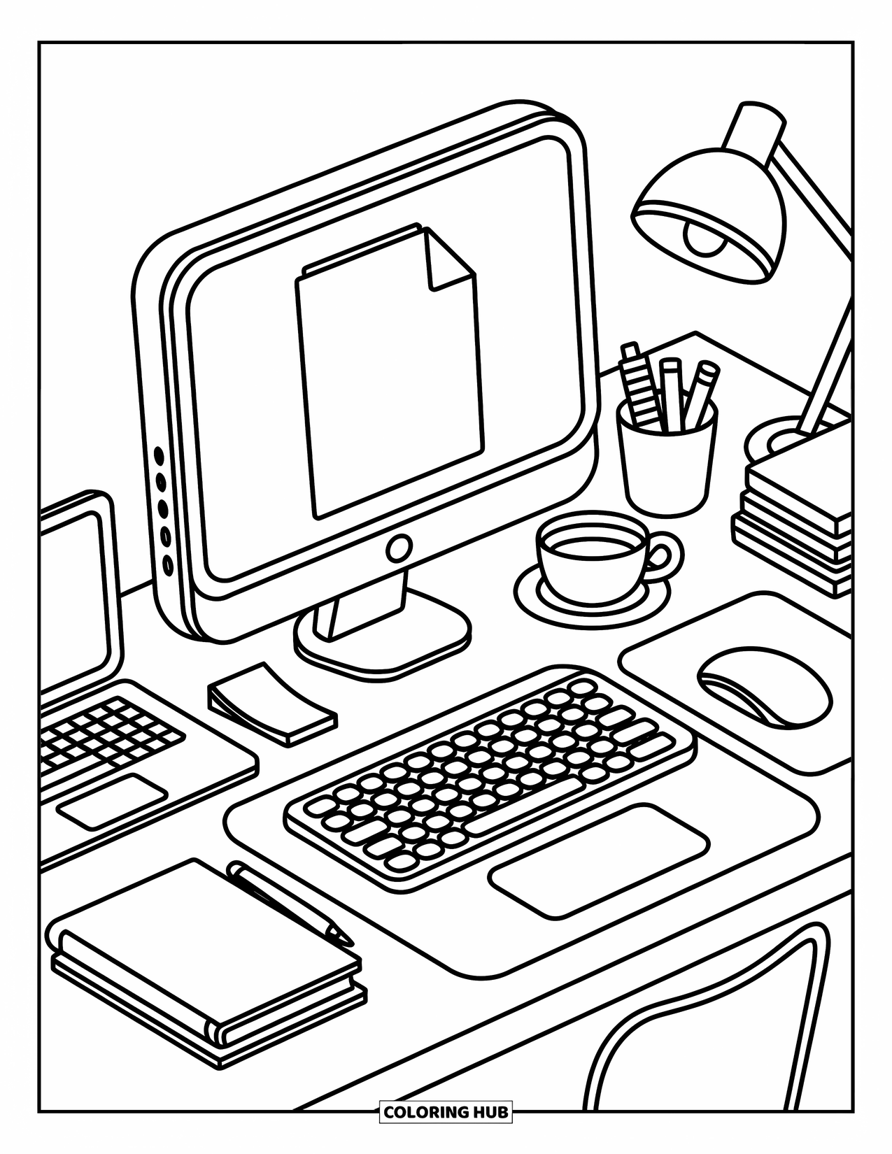 Computer Coloring Page for Adults: A charming computer desk with tea, sticky notes, and a curved-neck lamp
