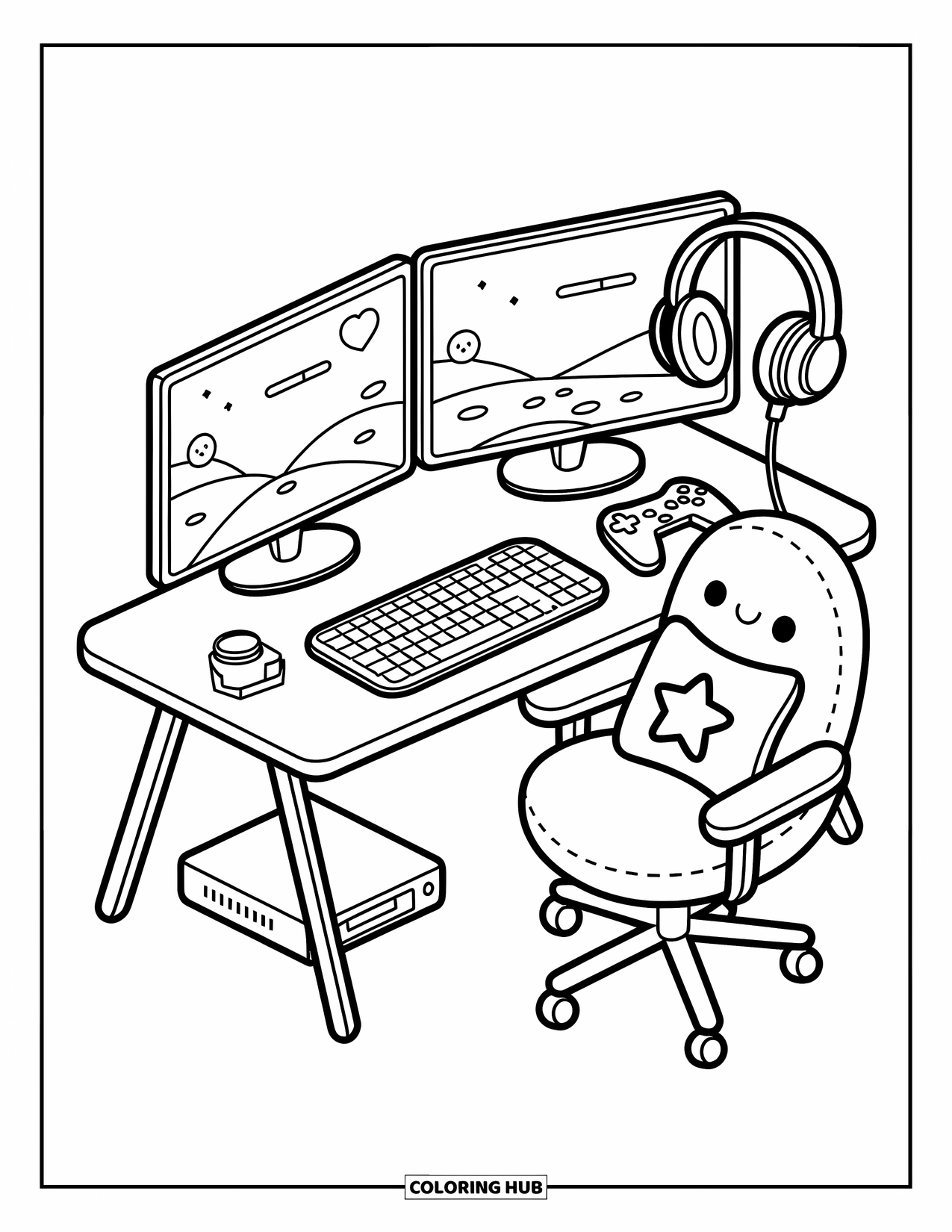 Computer Coloring Page for Adults: A charming gaming space with dual monitors, console, and cute star pillow