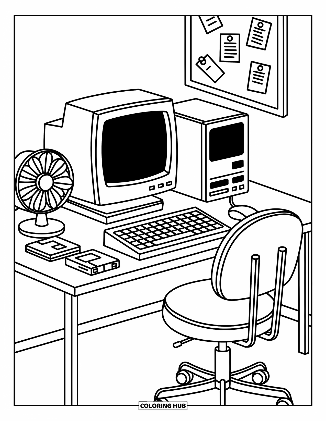 Computer Coloring Page for Adults: A classic tech corner with floppy disks, notes, and old computer charm