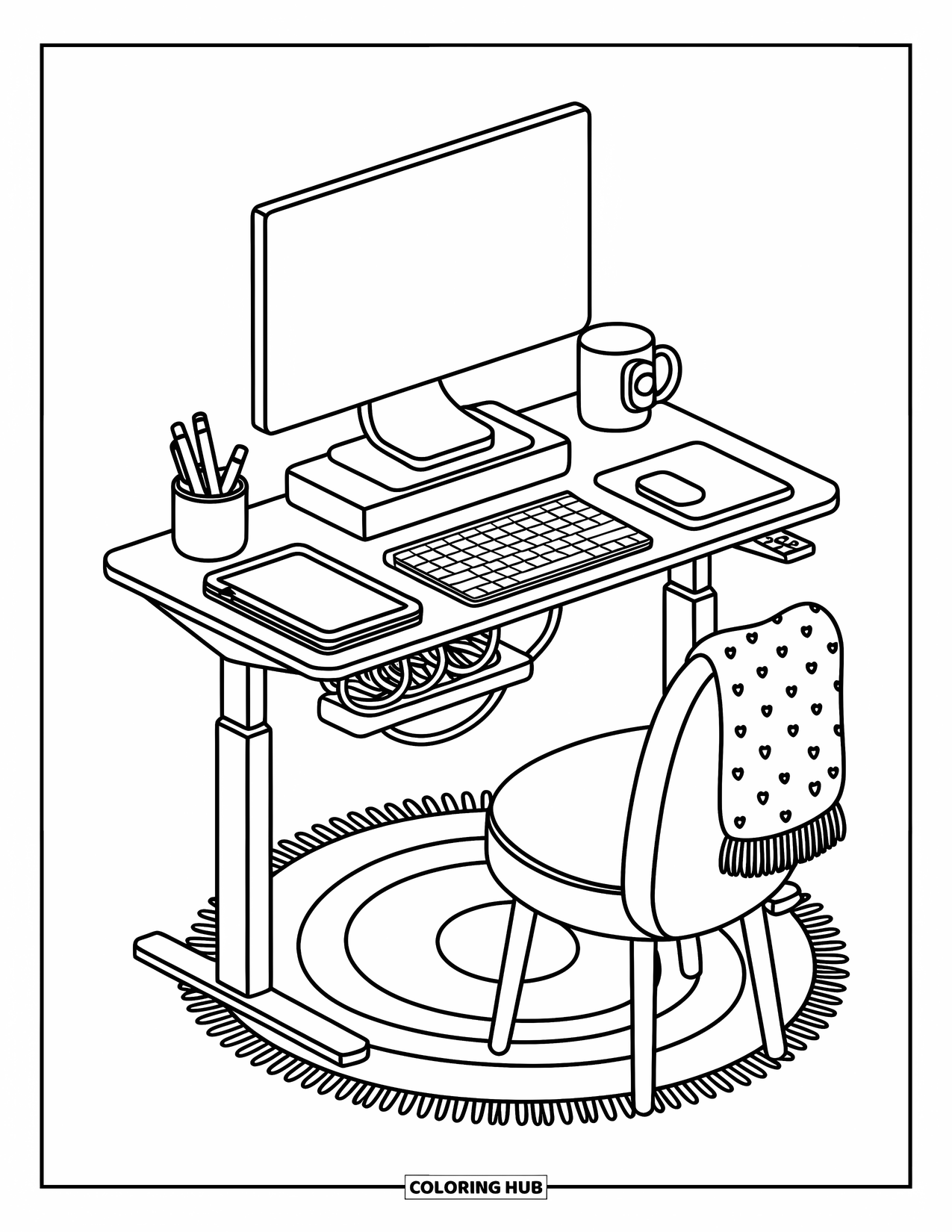 Computer Coloring Page for Adults: A clean desk with coiled cables, cozy chair, and tech neatly arranged