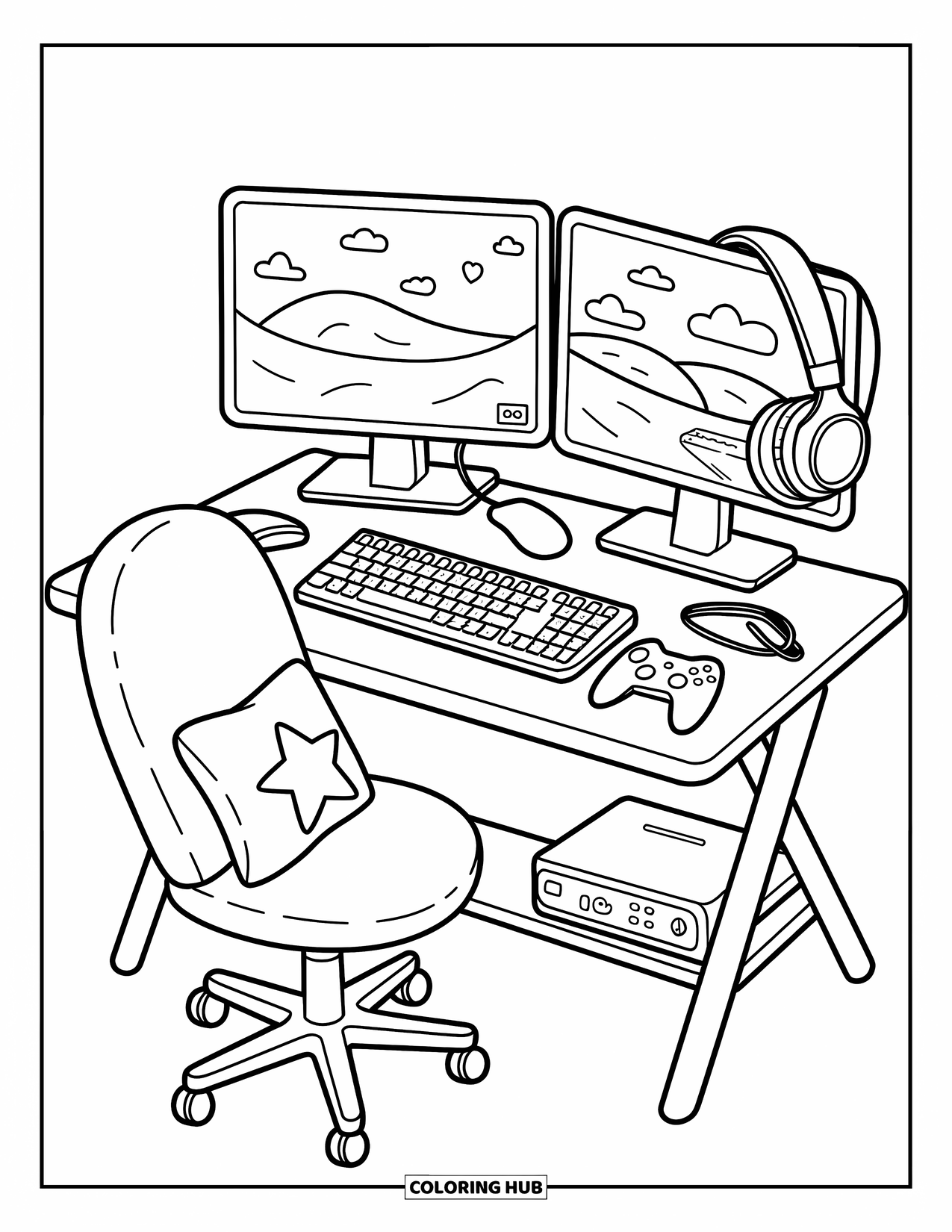 Computer Coloring Page for Adults: A comfy desk with two monitors, game gear, and a soft chair