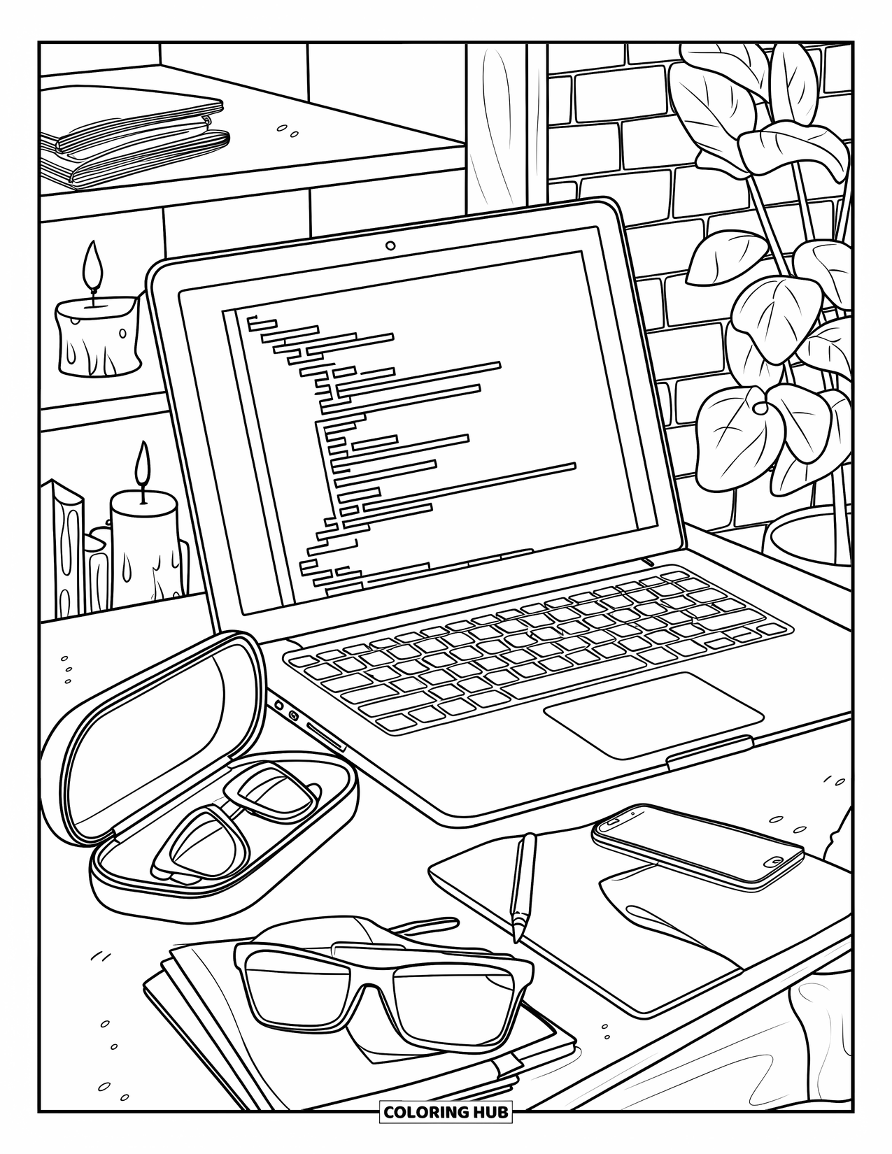 Computer Coloring Page for Adults: A comfy nook with code on a laptop, shelves, a plant, and brick wall