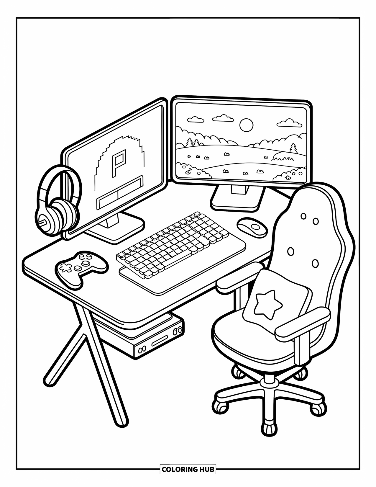Computer Coloring Page for Adults: A cozy gaming setup with dual screens, headphones, and star pillow