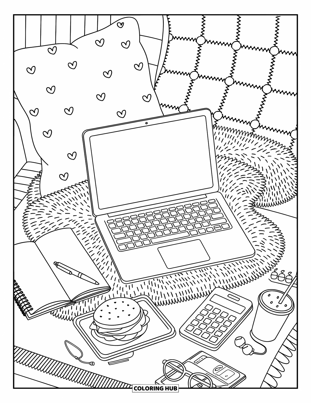 Computer Coloring Page for Adults: A cozy laptop scene with notebook, drink, and patchwork rug