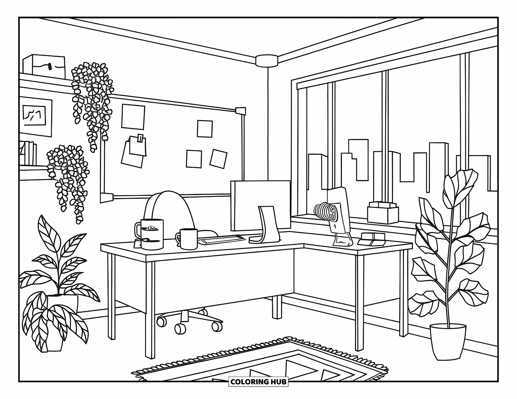 Computer Coloring Page for Adults: A cozy office with plants, a triangle rug, and a window showing a city view