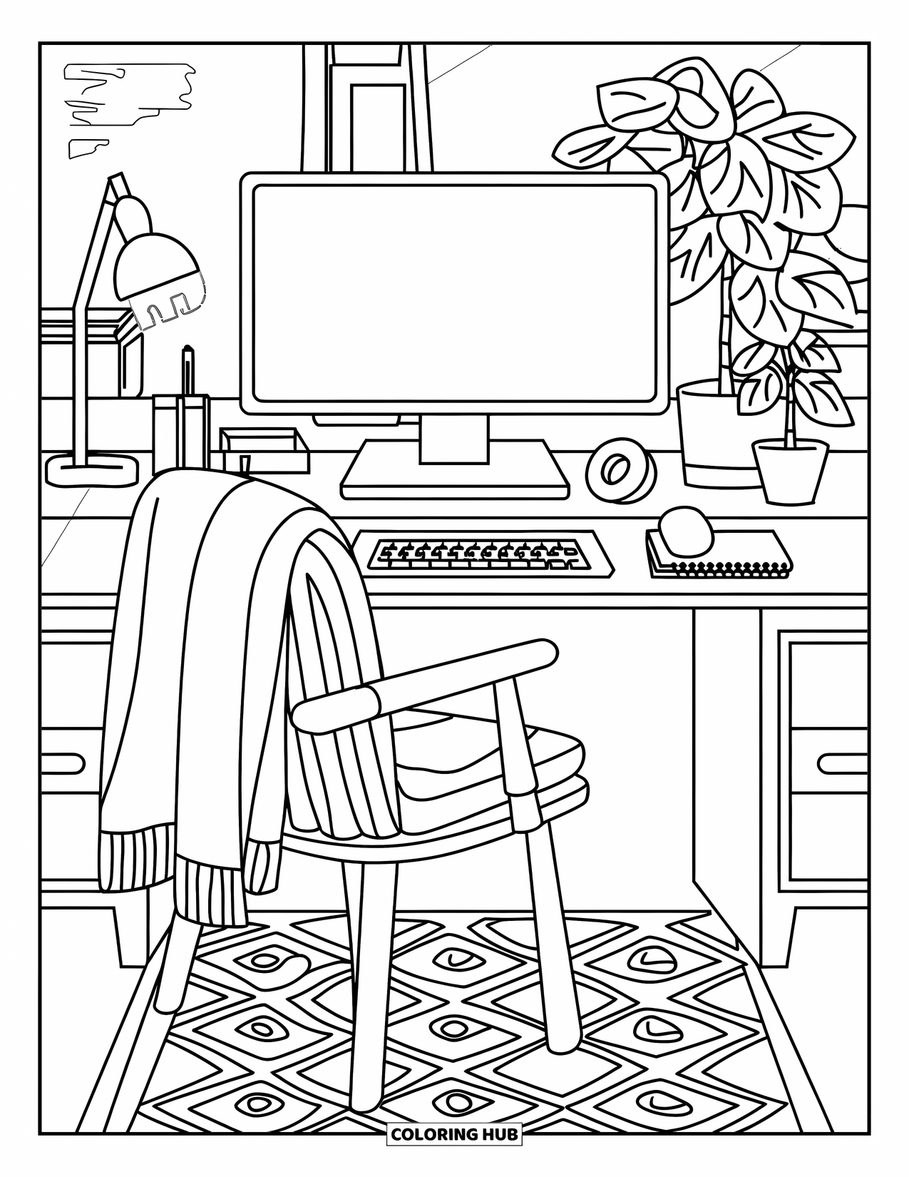 Computer Coloring Page for Adults: A cozy room with a mounted screen, rug, plant, and personal desk items