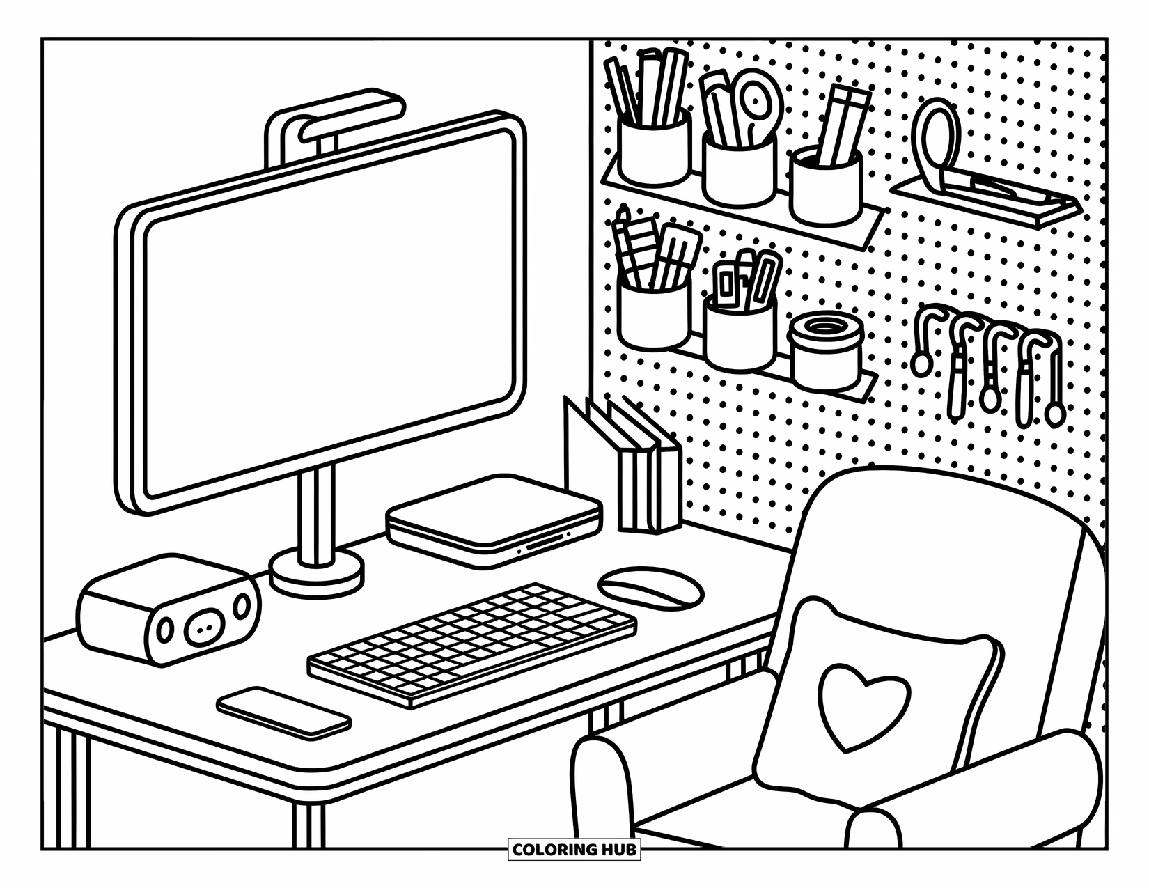 Computer Coloring Page for Adults: A cozy workspace with pegboard storage, throw pillow, and a sleek adjustable monitor arm