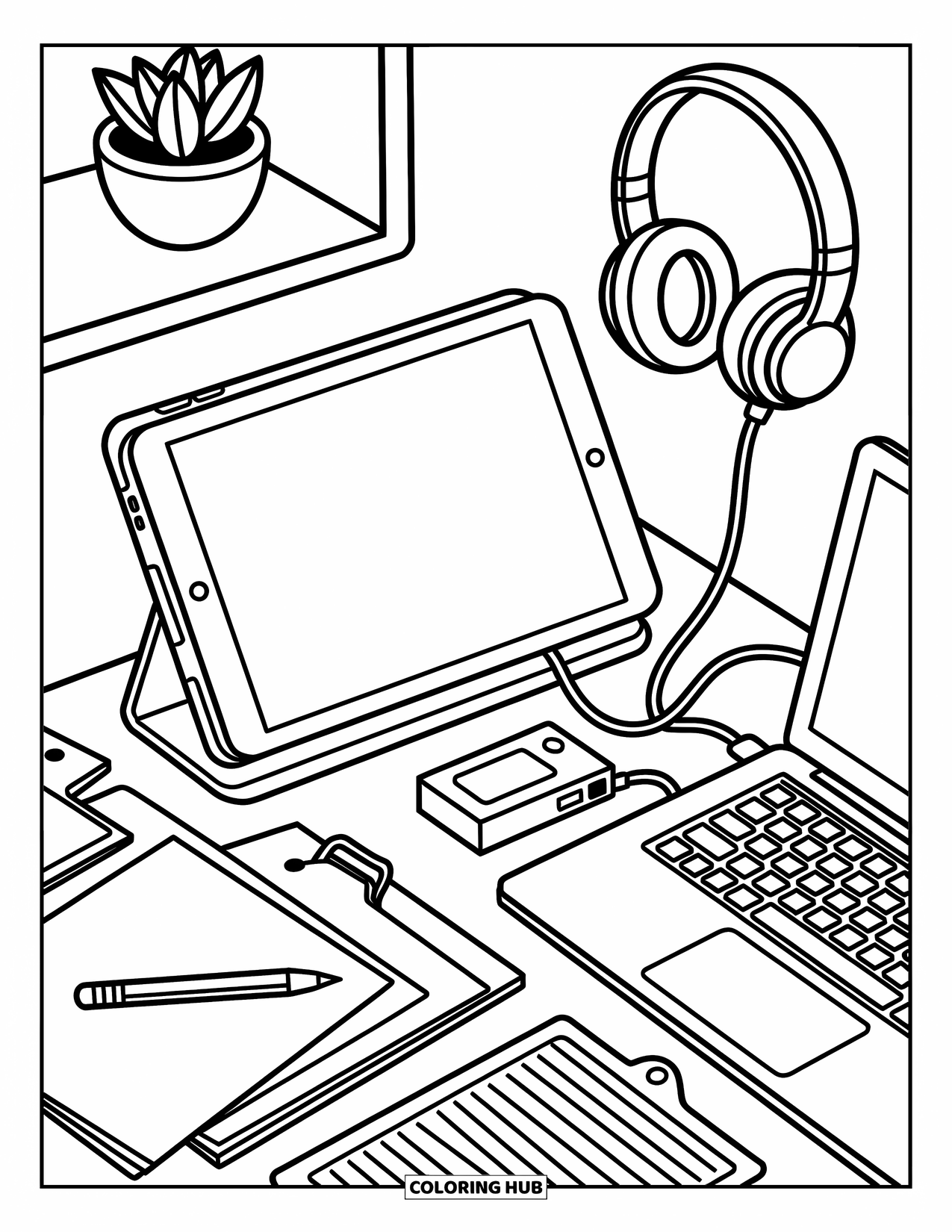 Computer Coloring Page for Adults: A cozy workstation with stylus, wires, and hanging headphones