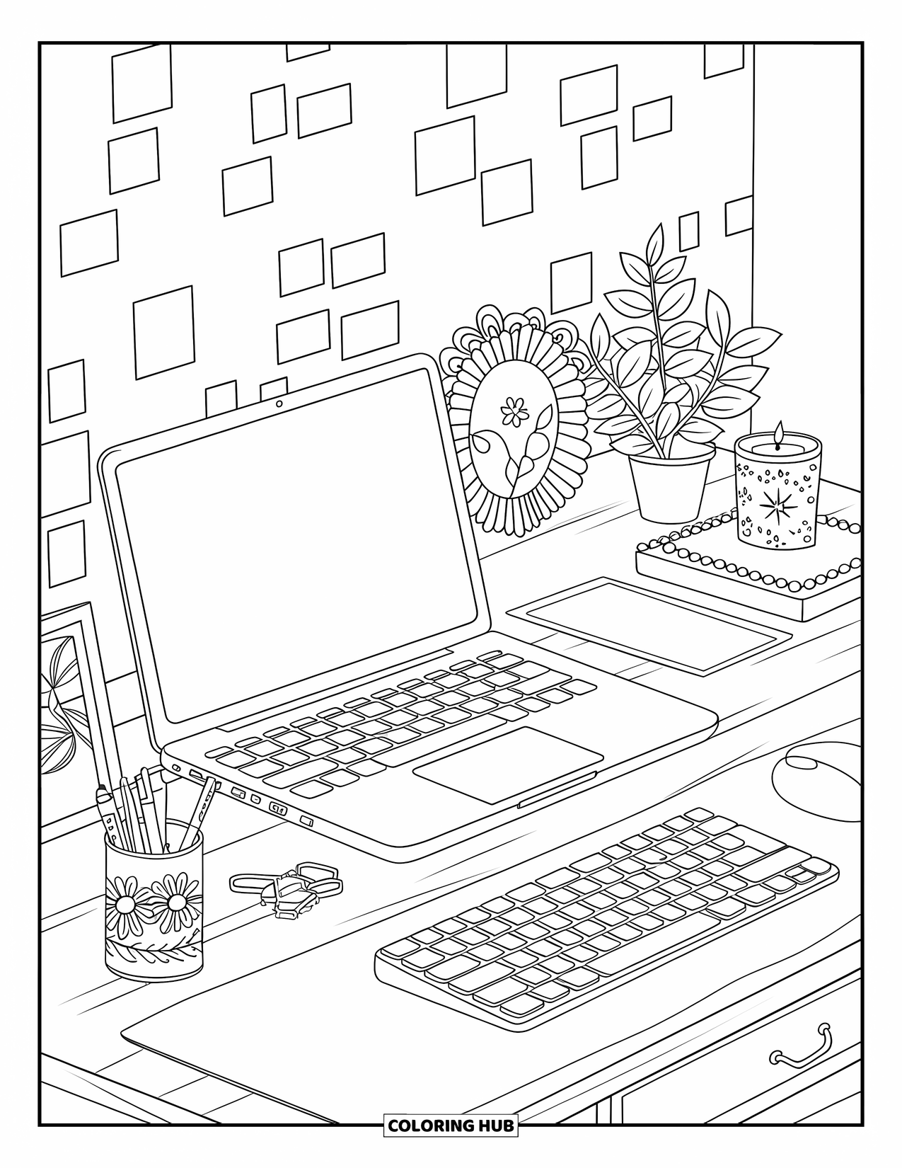 Computer Coloring Page for Adults: A cute desk setup with a floral cup, laptop, candle, and a photo frame