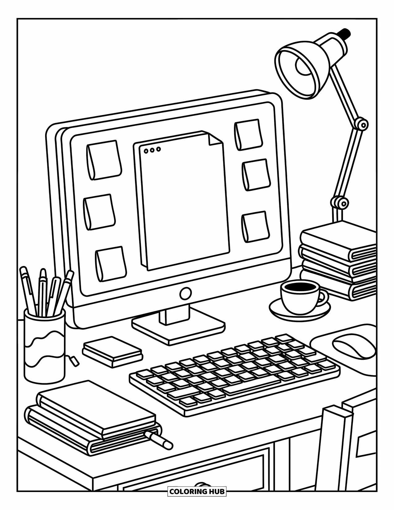 Computer Coloring Page for Adults: A desktop with sticky notes, tea, books, and a glowing little lamp