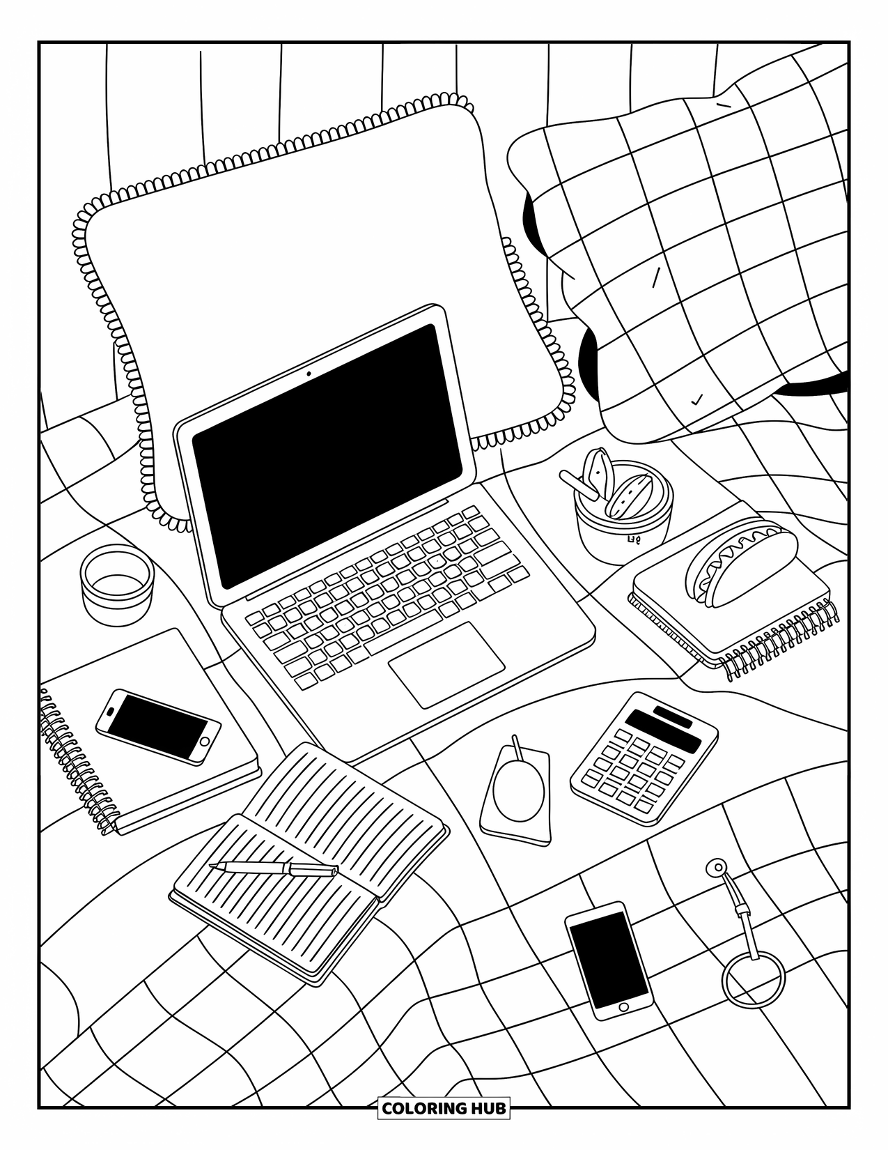 Computer Coloring Page for Adults: A laptop on a blanket with snacks, notebook, and cozy bedroom vibes