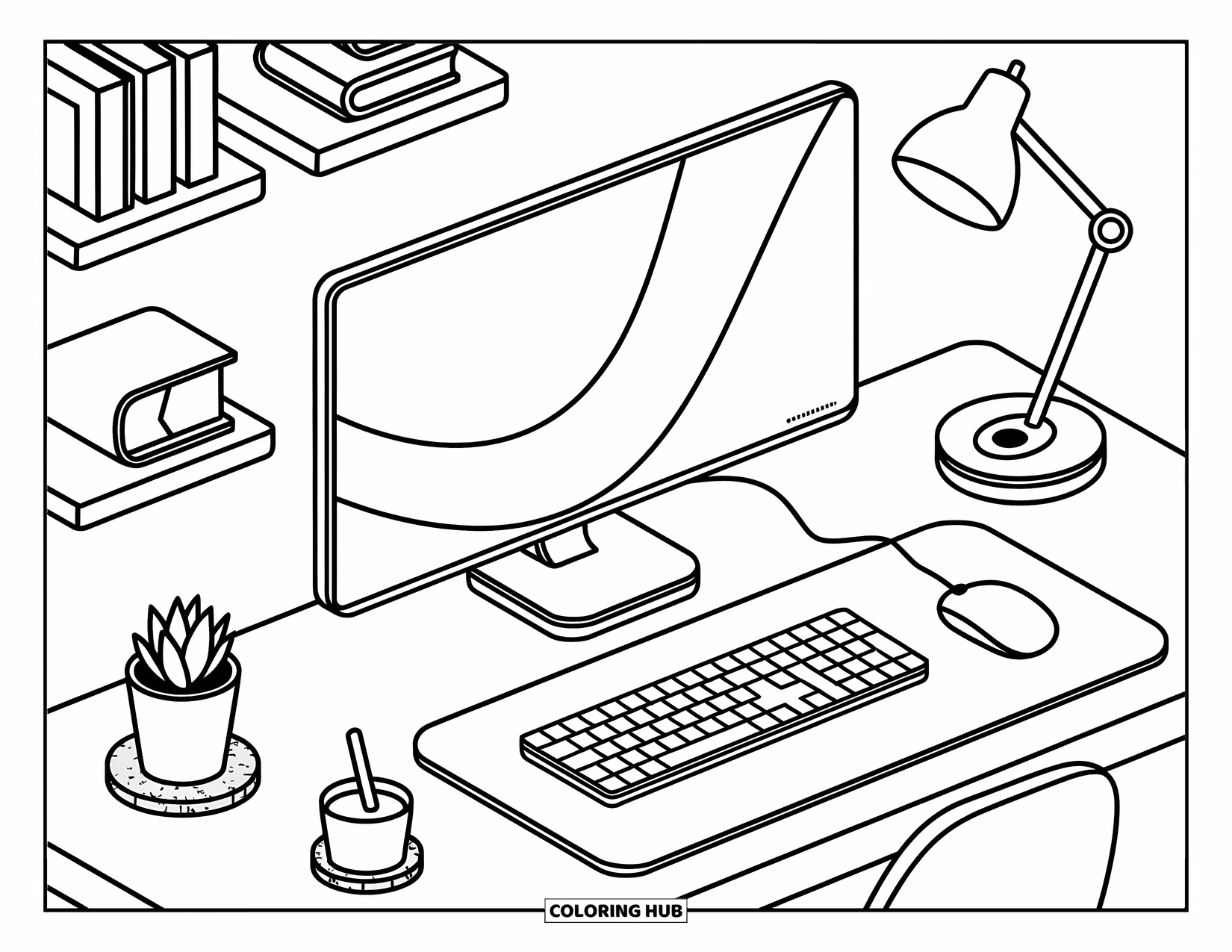 Computer Coloring Page for Adults: A modern monitor workspace with floating shelves, cozy accessories, and soft desk details