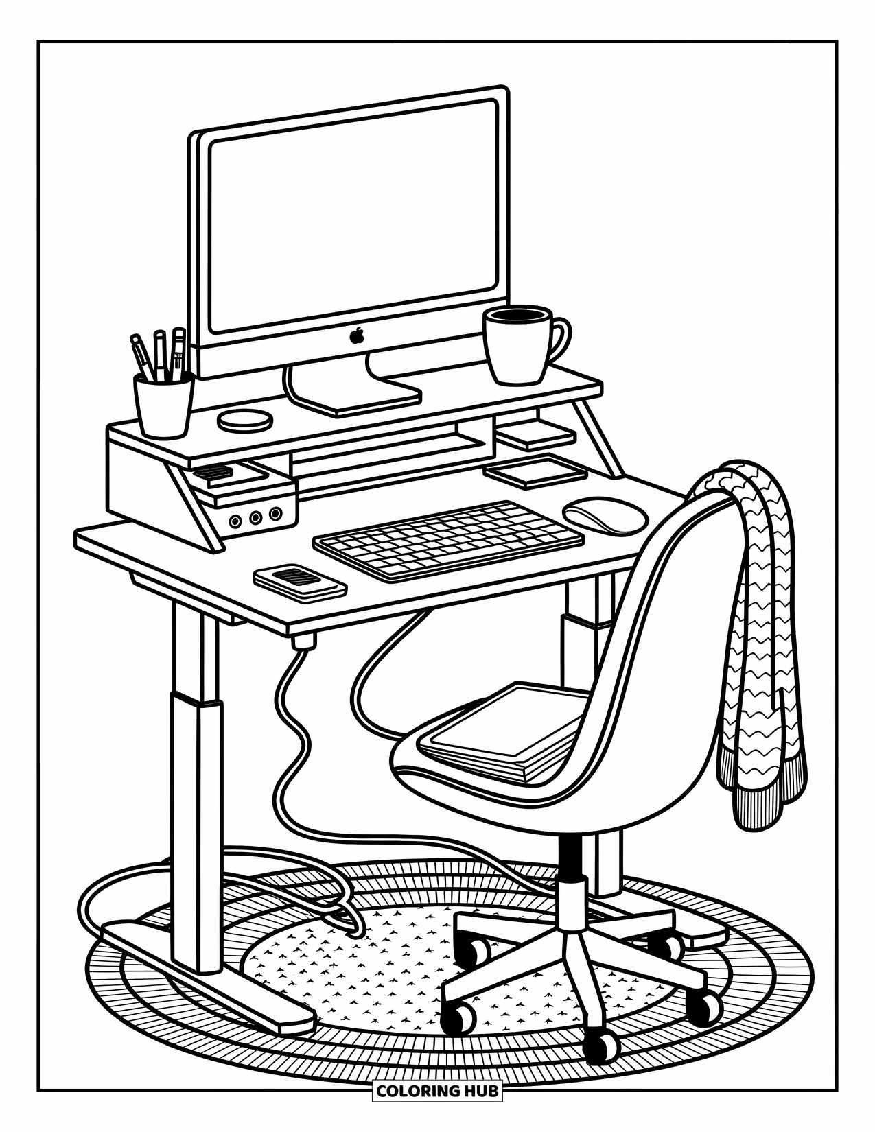 Computer Coloring Page for Adults: A monitor on a riser with stylus tablet, planner, and cozy touches below