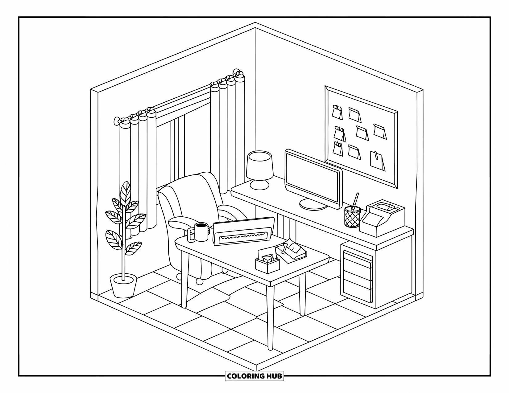 Computer Coloring Page for Adults: A neat office with tile floors, a comfy chair, and a cozy window view