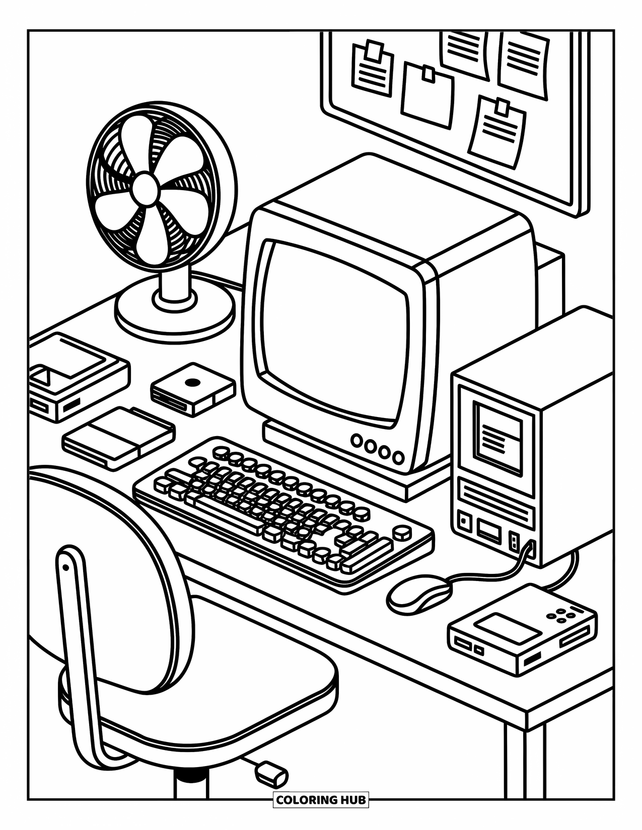 Computer Coloring Page for Adults: A nostalgic setup with CRT monitor, chunky keyboard, and floppy disks
