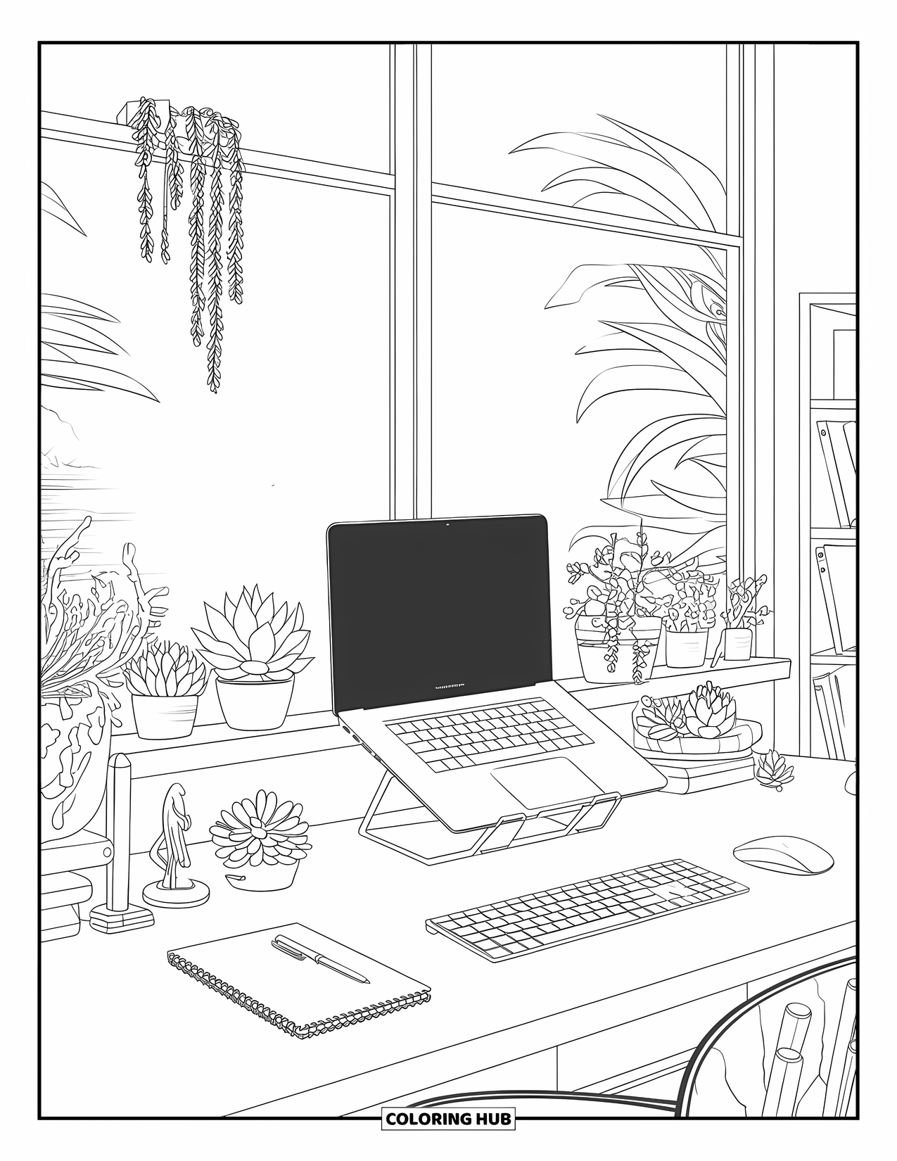 Computer Coloring Page for Adults: A peaceful desk with plants, books, and a window view of nature