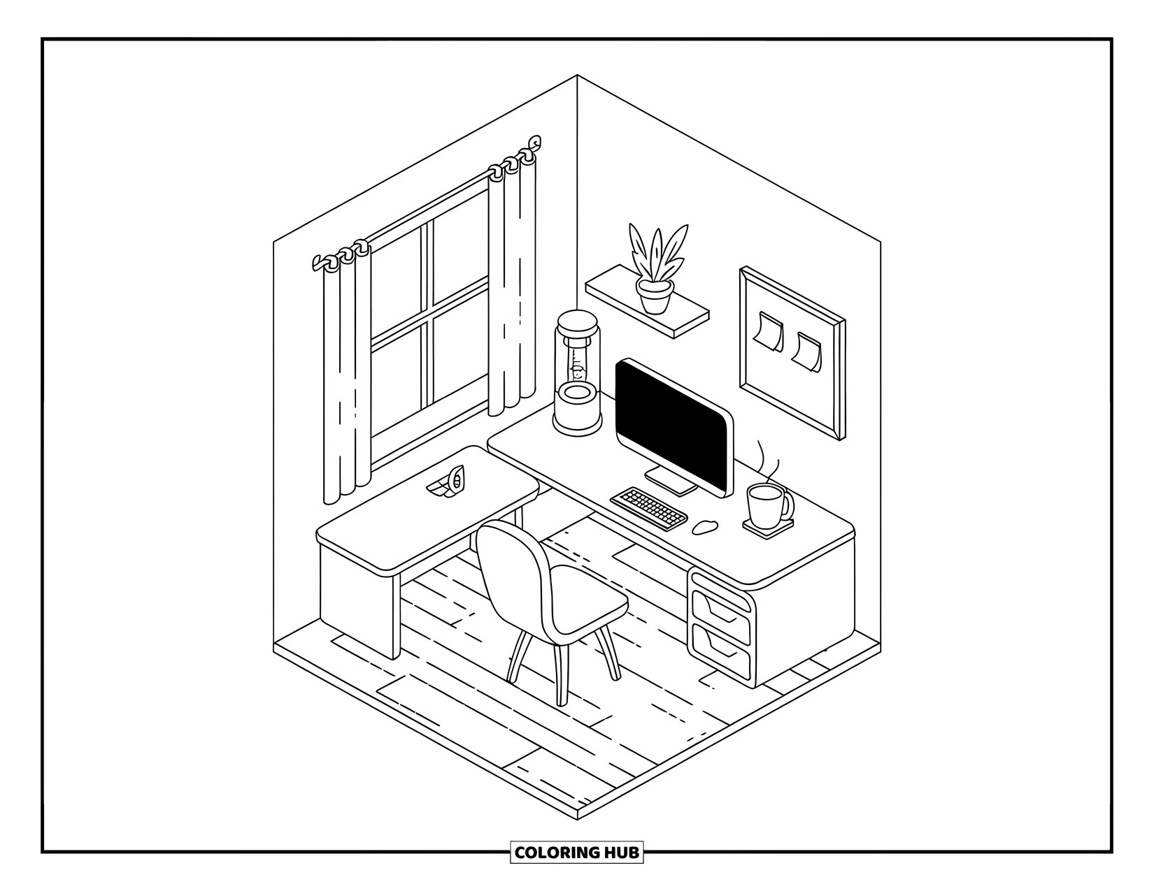 Computer Coloring Page for Adults: A quiet office corner with an L-shaped desk, computer, plant, and wooden floor