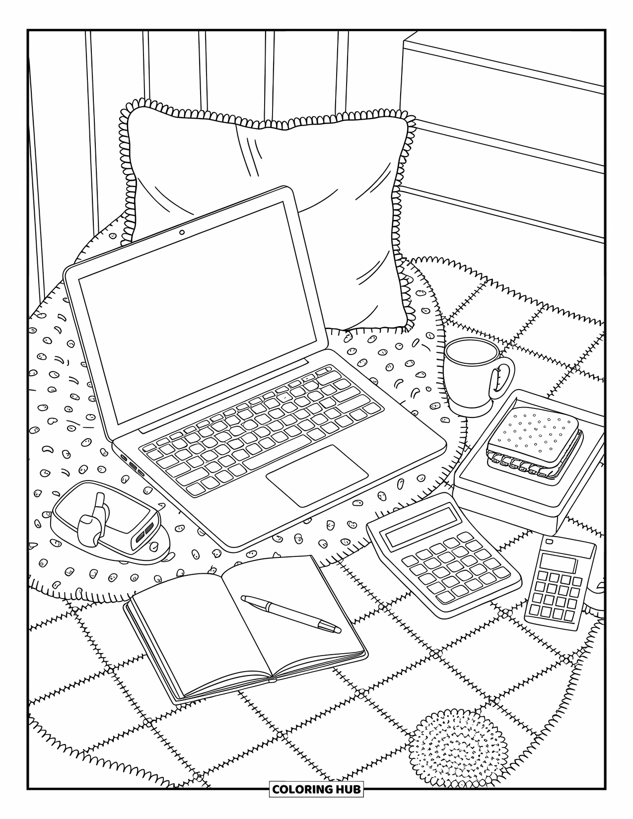 Computer Coloring Page for Adults: A relaxed laptop setup with blanket, pillow, and little workspace touches
