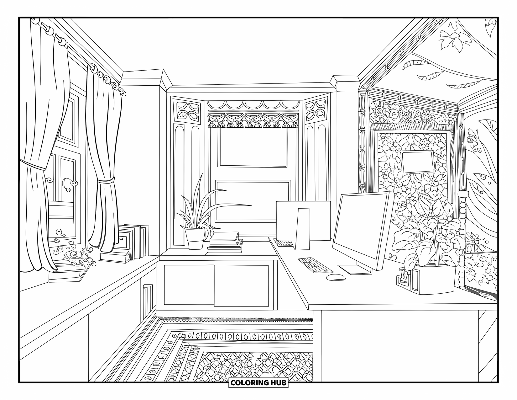 Computer Coloring Page for Adults: A relaxing office with floral wallpaper, a patterned rug, and a creative desk setup
