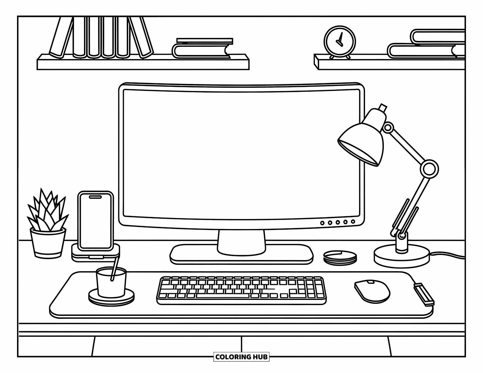 Computer Coloring Page for Adults: A sleek monitor on a minimalist desk with books, a succulent, and smart lamp
