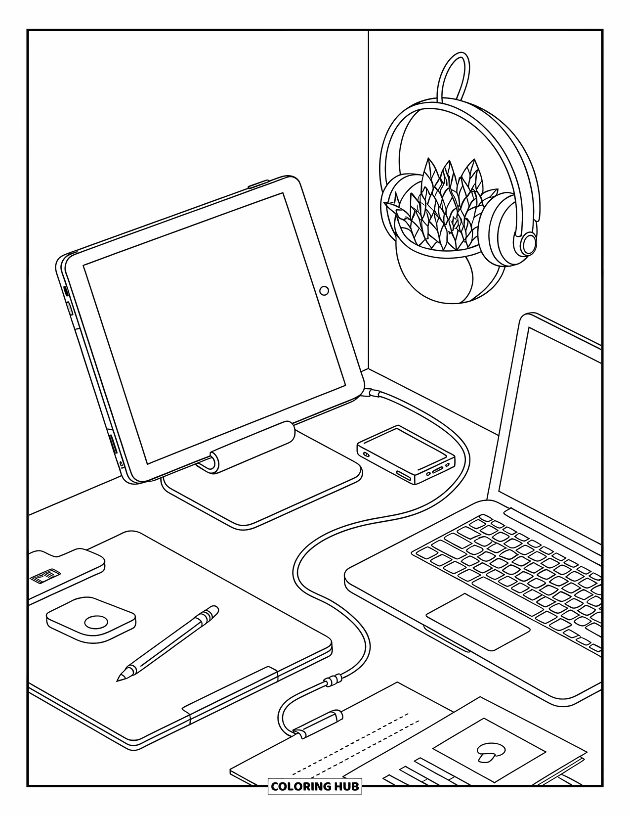 Computer Coloring Page for Adults: A tablet and laptop with sketches, headphones, and a potted plant nearby