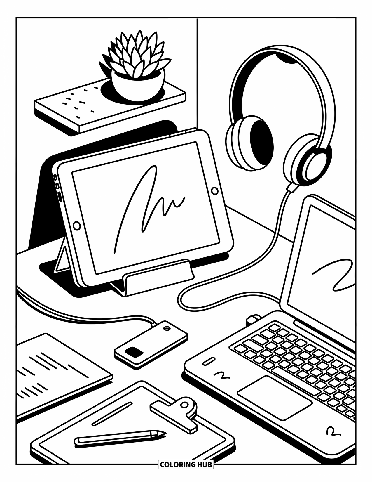 Computer Coloring Page for Adults: A tech corner with tablet, clipboard, stylus, and hanging headphones