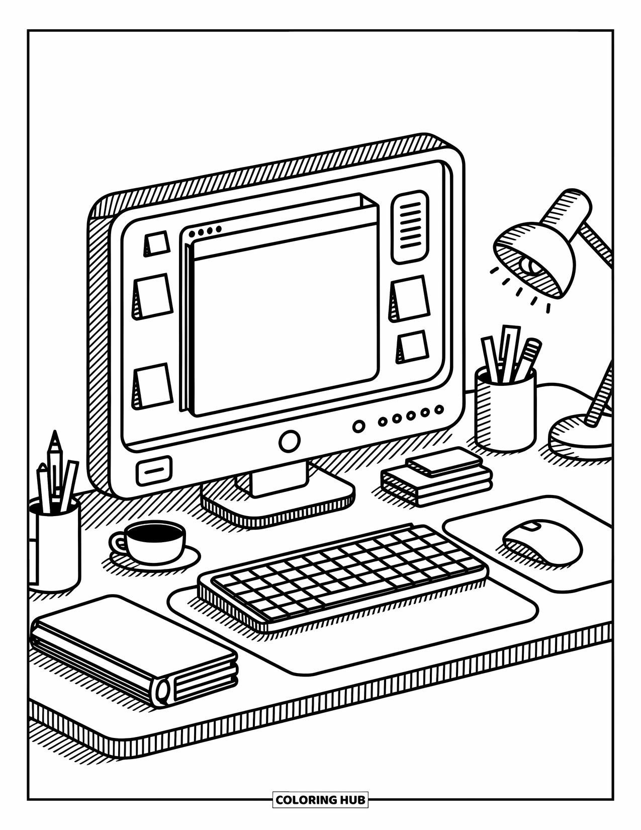 Computer Coloring Page for Adults: A tidy computer workspace with tea, lamp, and soft cozy extras