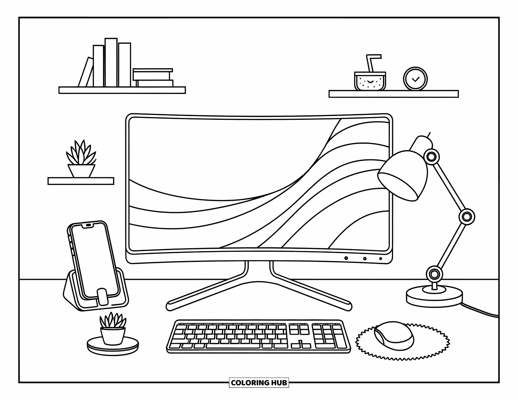 Computer Coloring Page for Adults: A tidy desk with curved monitor, books, and playful miniature touches