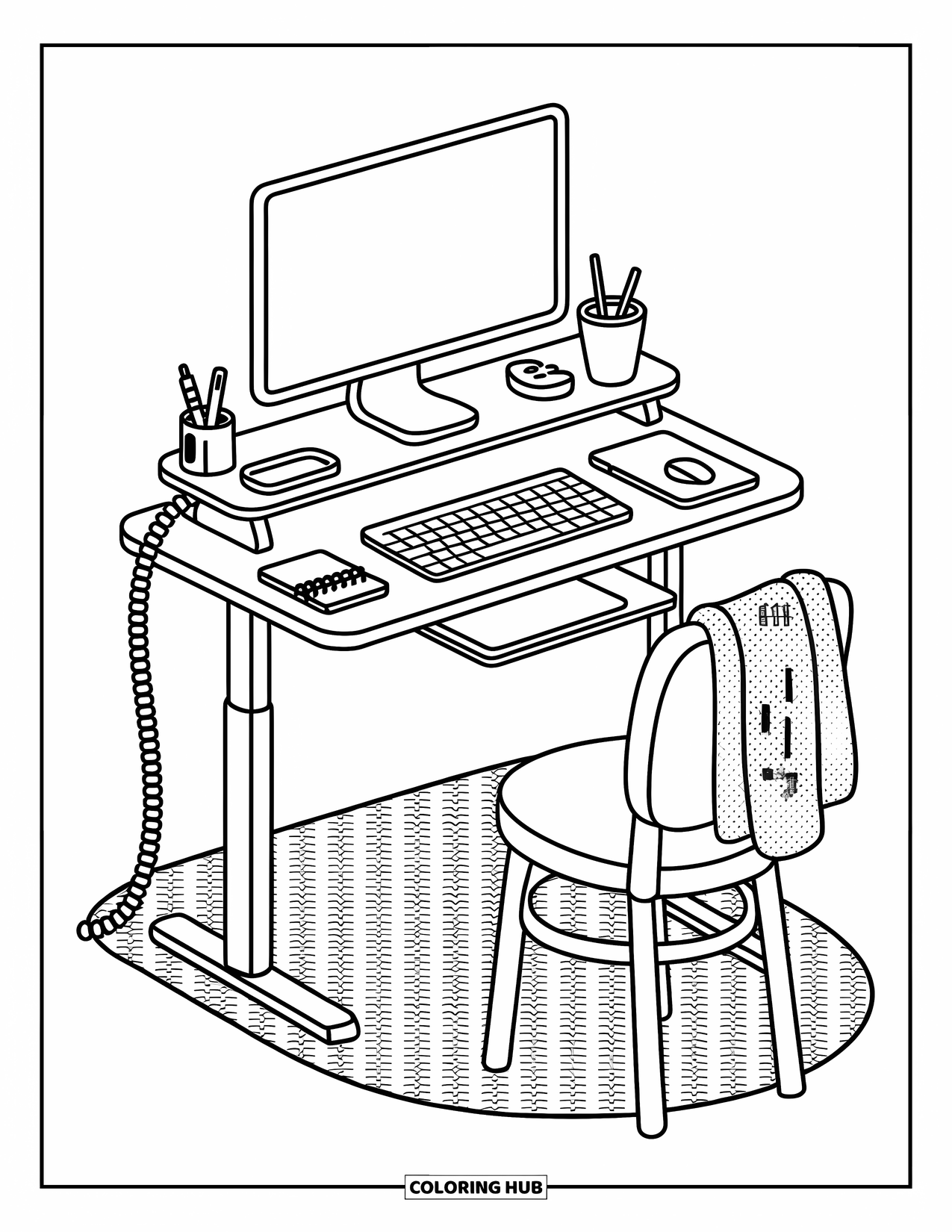 Computer Coloring Page for Adults: A tidy standing desk with tech gear, warm details, and inviting textures
