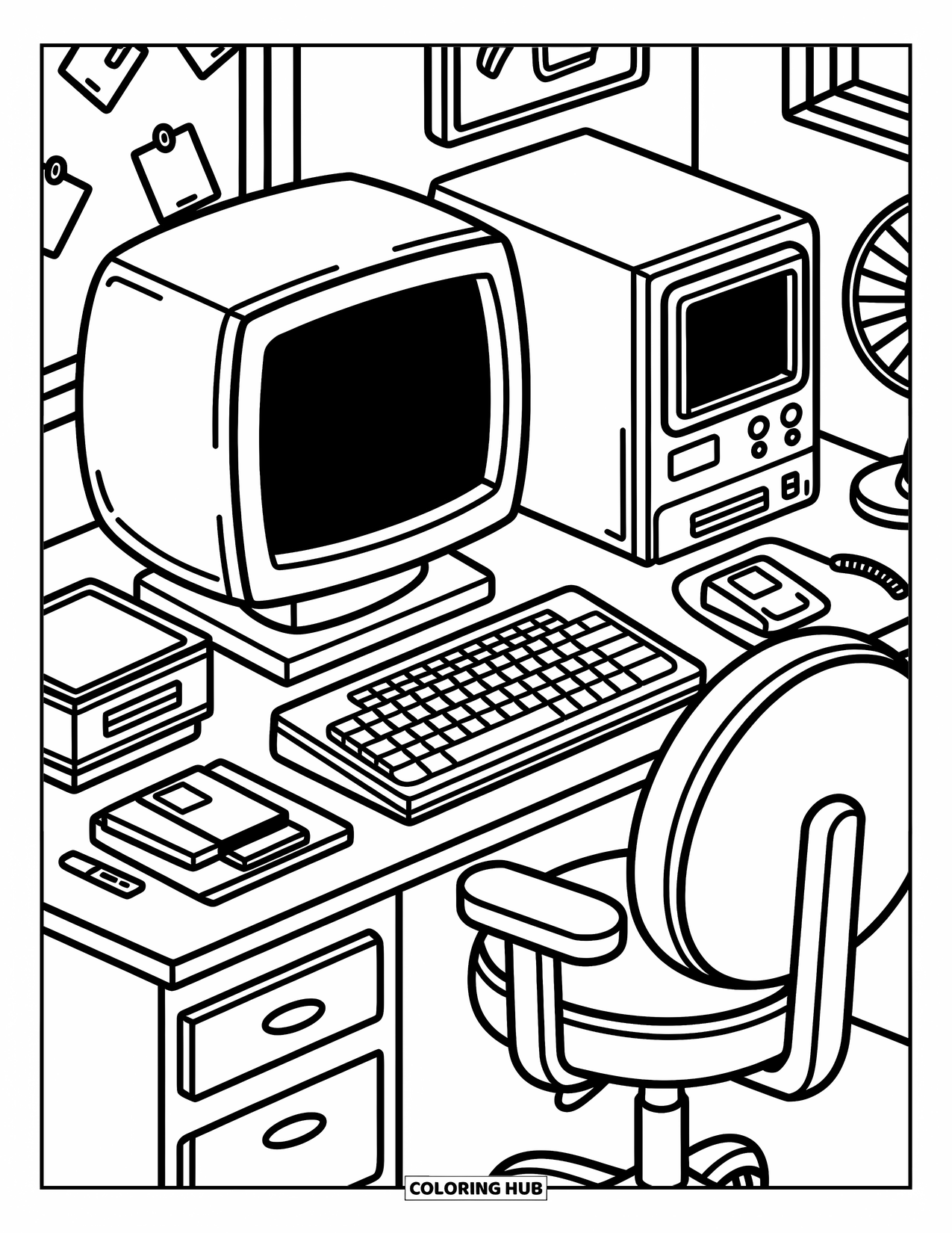Computer Coloring Page for Adults: A vintage office desk with floppy disks, fan, and cozy swivel chair