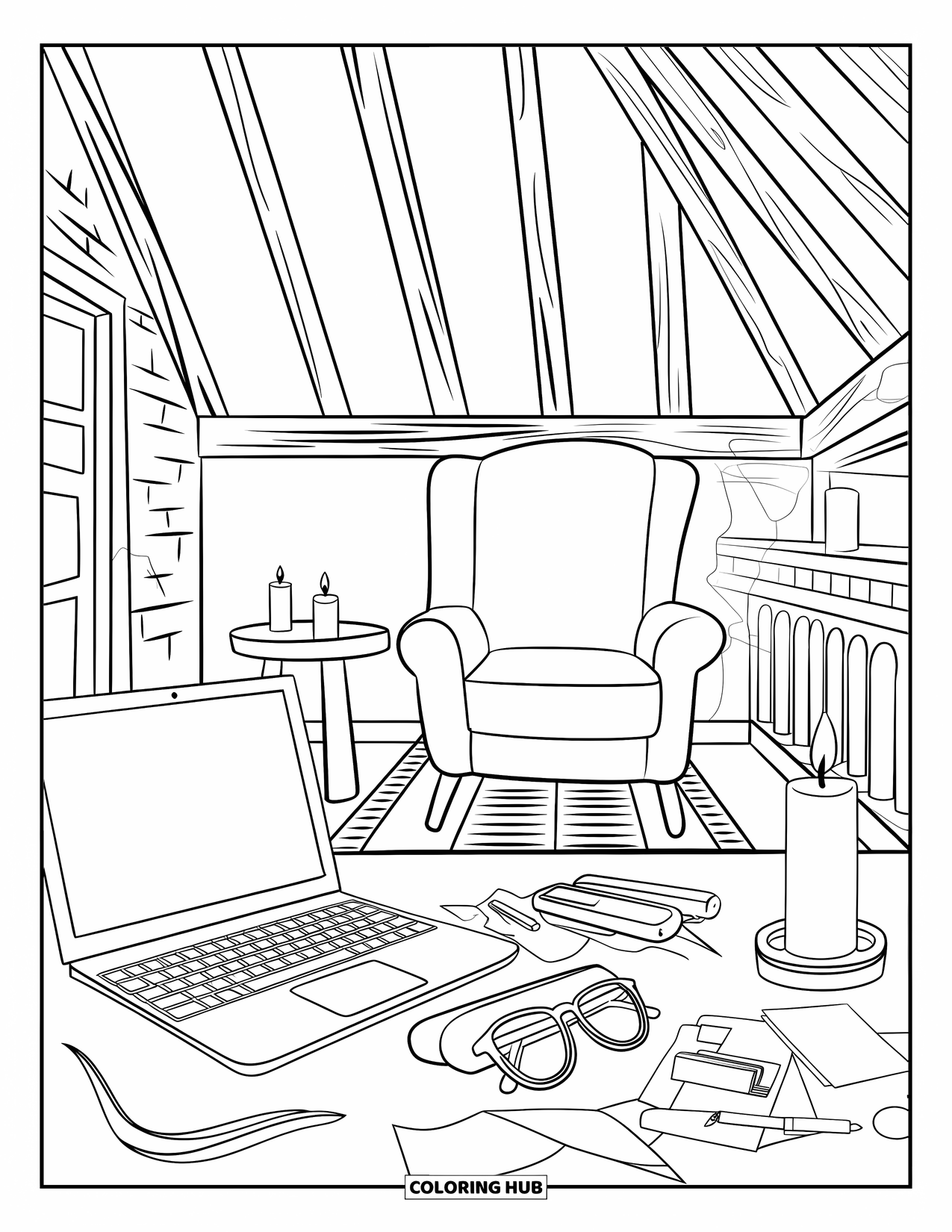 Computer Coloring Page for Adults: A warm corner with a candle, chair, laptop, and rustic details