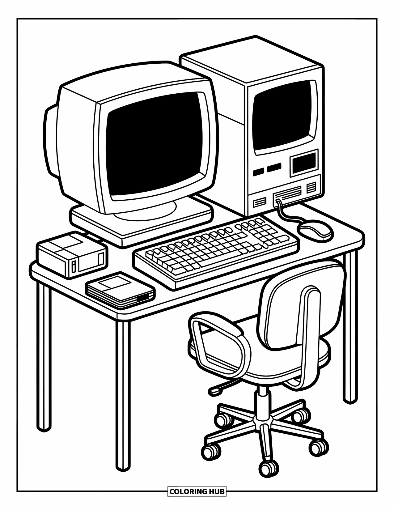 Computer Coloring Page for Adults: An old-school computer desk with fan, chair, and fun vintage tech