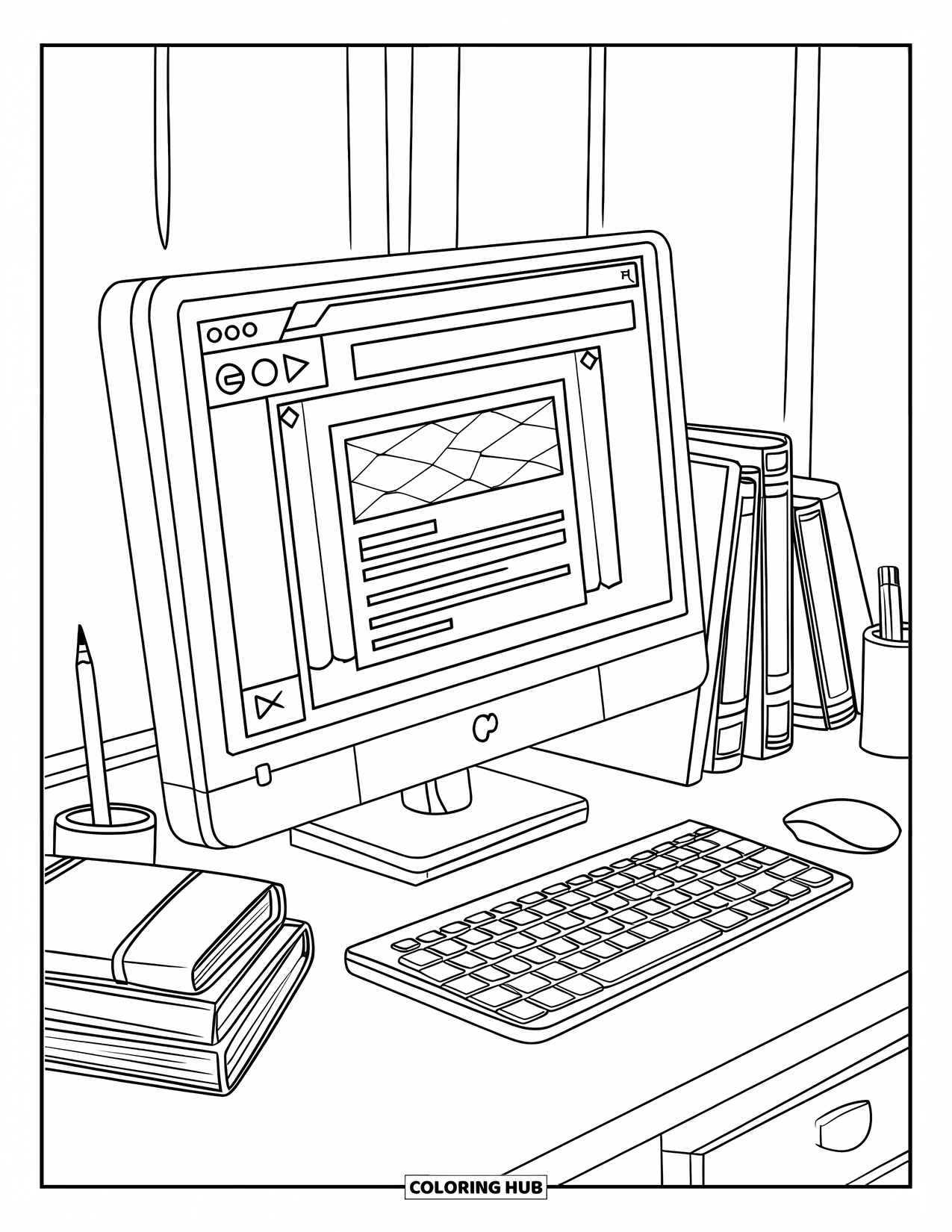 Computer Coloring Page for Kids: Computer, stacked books, and mouse rest on a clean, simple desk
