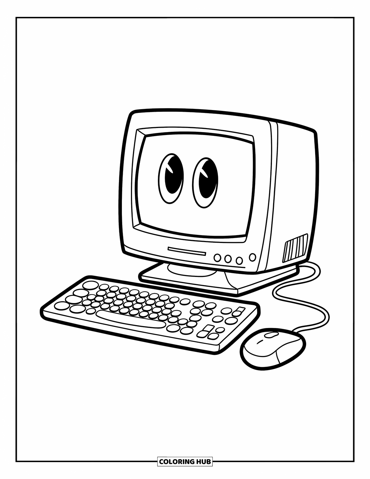 Computer Coloring Page for Kids: Cute round monitor with happy face, big keyboard, and long-corded mouse